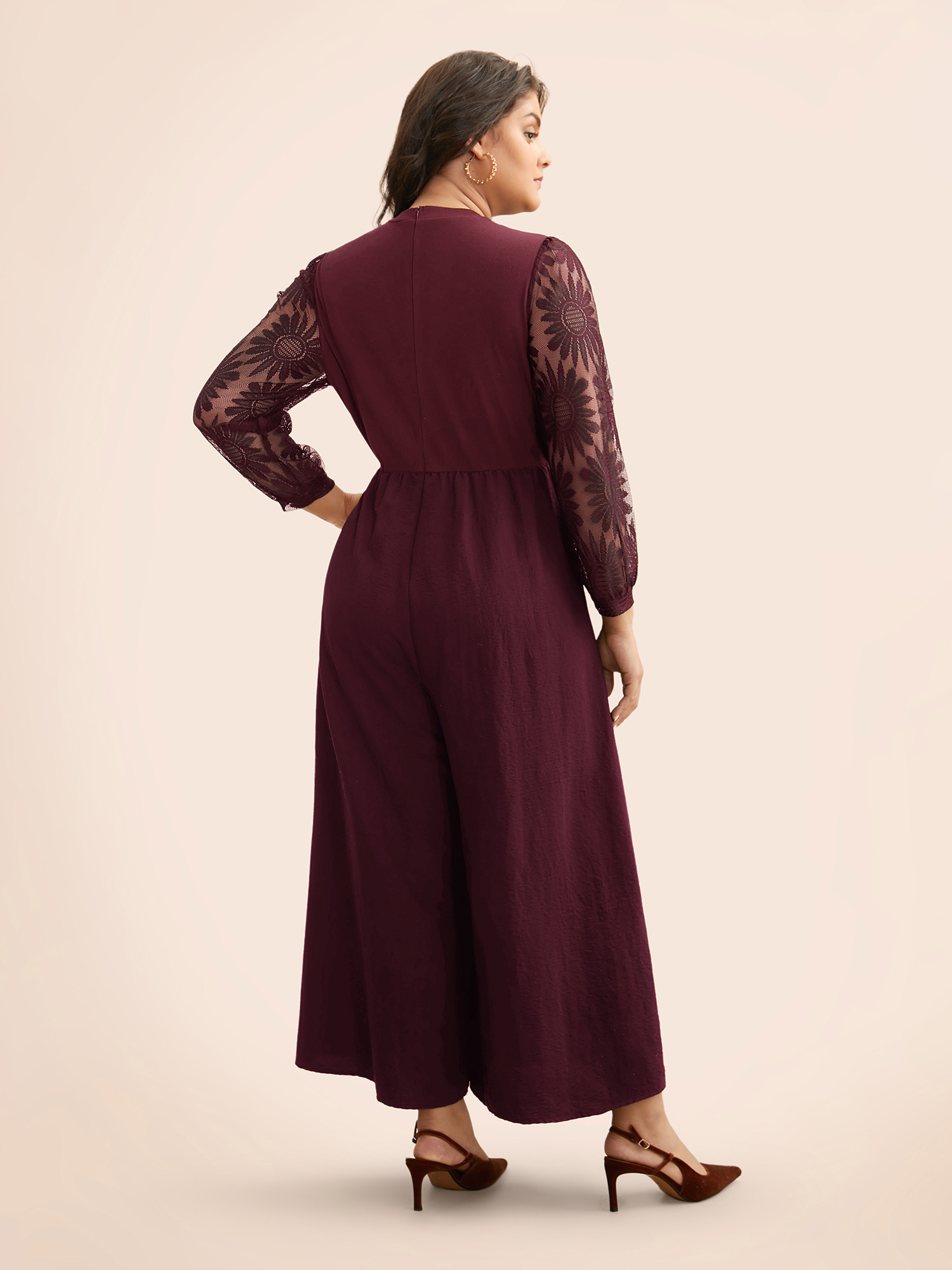 Plus Size Plum Crochet Lace Mesh Mock Neck Jumpsuit Women Elegant Long Sleeve Mock Neck Everyday Loose Jumpsuits BloomChic 22-24/3X 