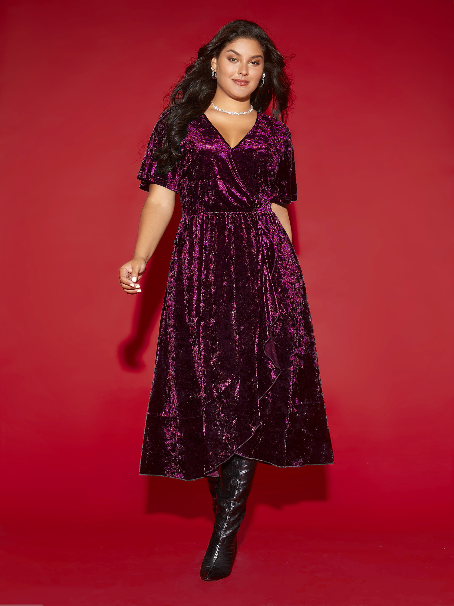 

Plus Size Velvet Surplice Neckline Ruffle Sleeves Midi Dress Deeppurplered Women Formal Texture Overlap Collar Short sleeve Curvy BloomChic