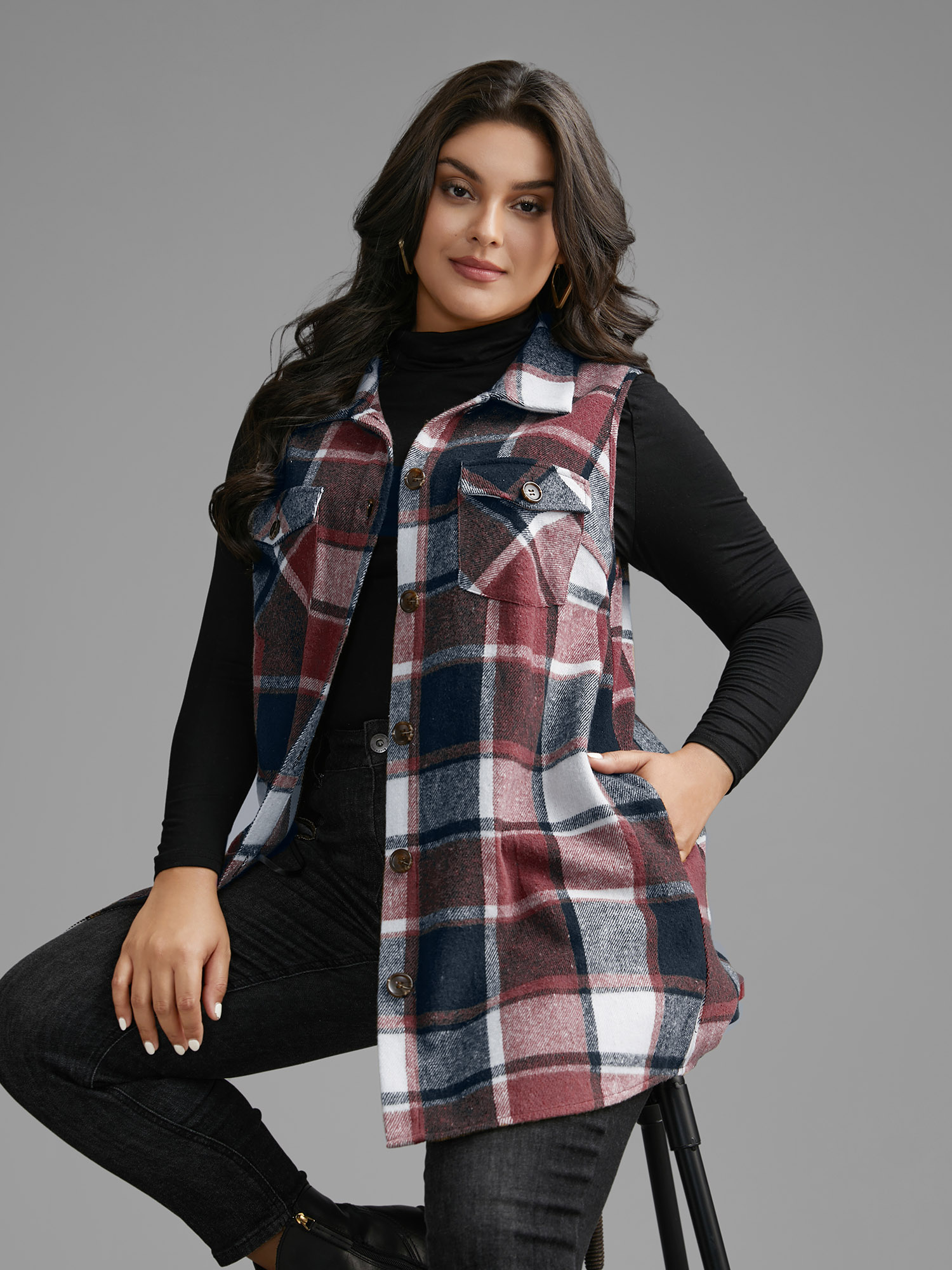 

Plus Size Plaid Flap Detail Sleeveless Jacket Women Burgundy Button Side seam pocket Everyday Jackets BloomChic