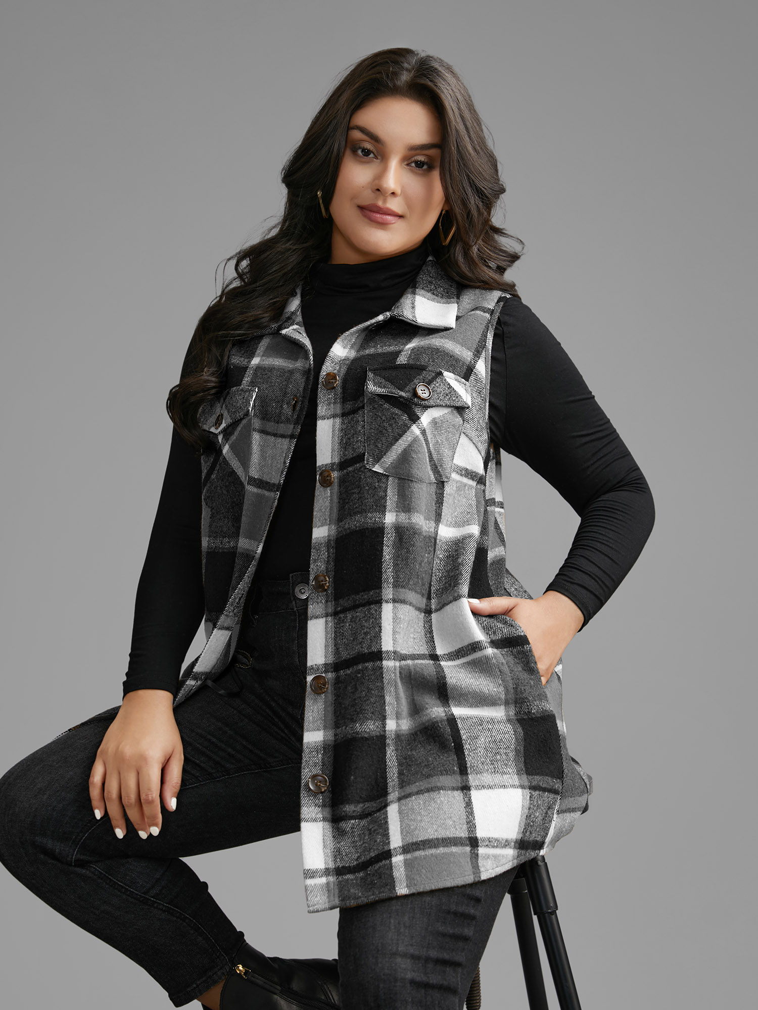 

Plus Size Plaid Flap Detail Sleeveless Jacket Women Black Button Side seam pocket Everyday Jackets BloomChic