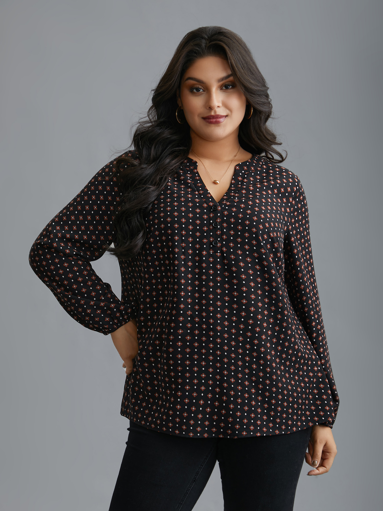 

Plus Size Black Notched Geometric Button Up Blouse Women At the Office Extra Long Sleeve Notched collar Work Blouses BloomChic