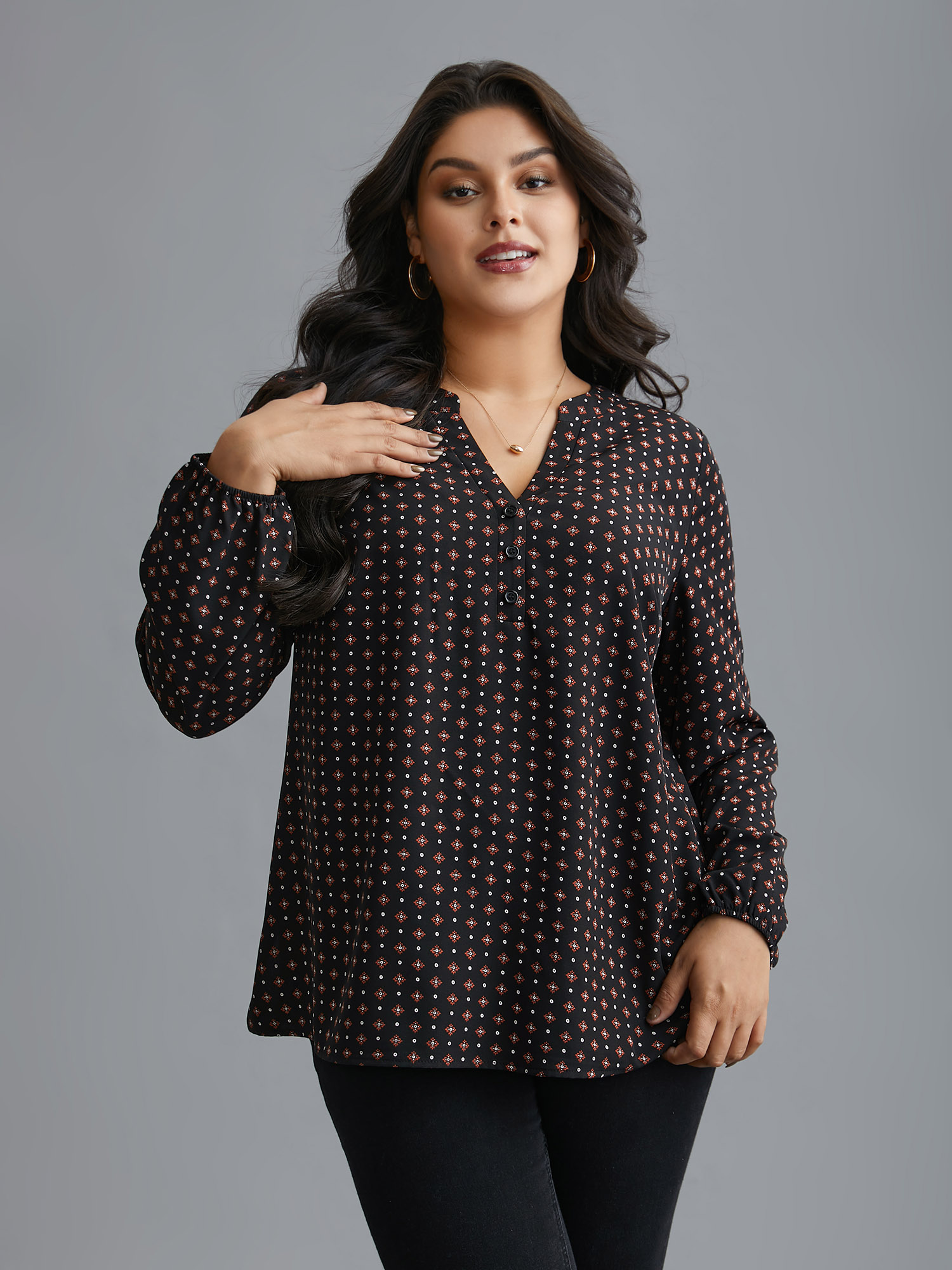 Plus Size Black Notched Geometric Button Up Blouse Women At the Office Extra Long Sleeve Notched collar Work Blouses BloomChic 26/4X 