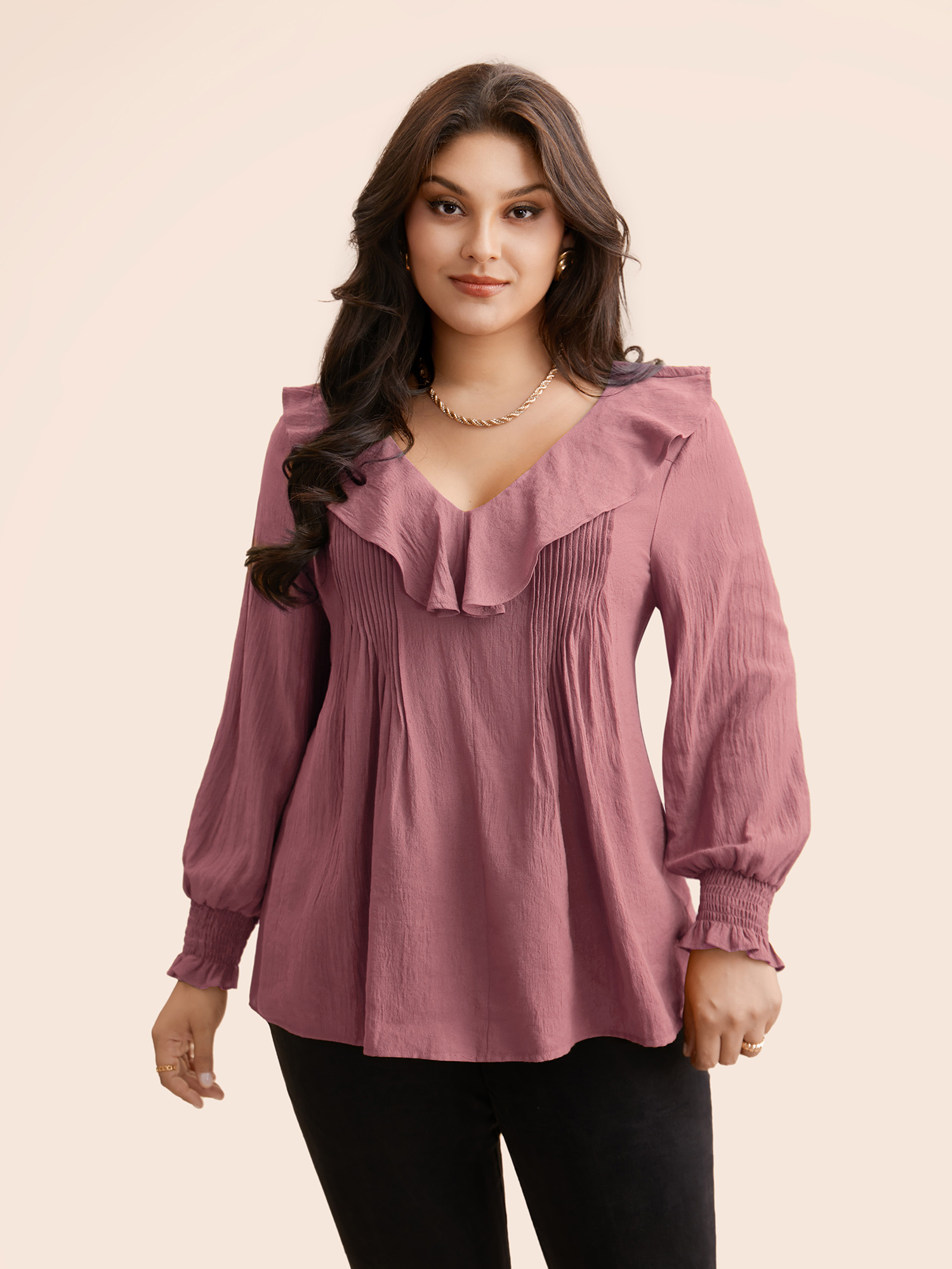 

Plus Size DustyPink Solid Texture Pleated Ruffle Trim Blouse Women Elegant Long Sleeve Deep V-neck Everyday Blouses BloomChic