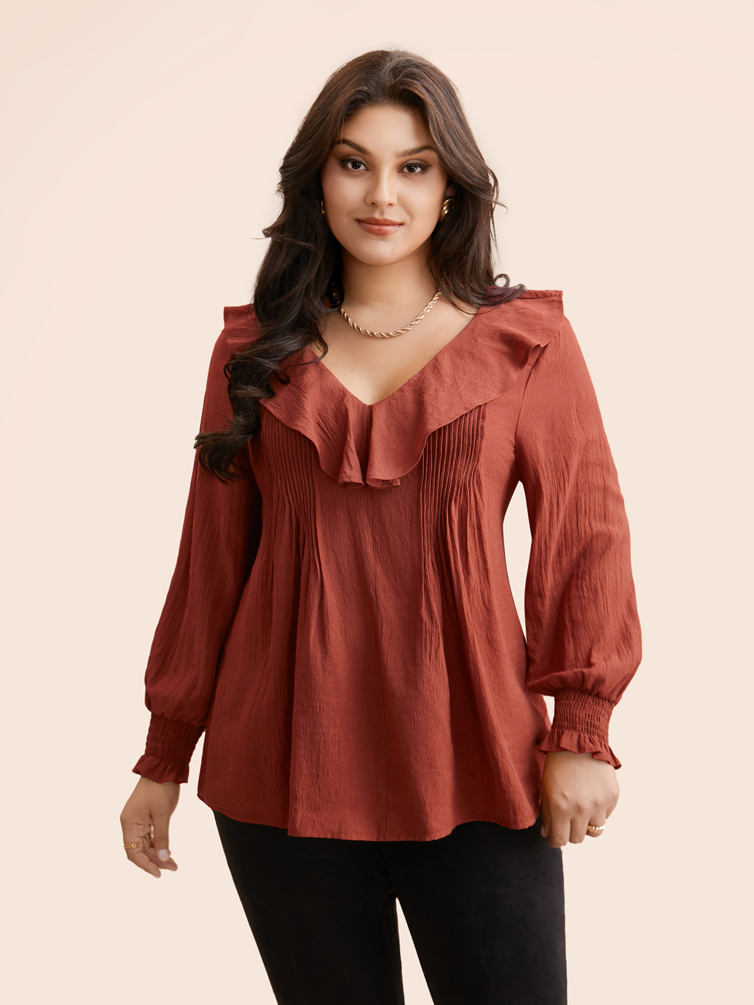 

Plus Size Russet Solid Texture Pleated Ruffle Trim Blouse Women Elegant Long Sleeve Deep V-neck Everyday Blouses BloomChic