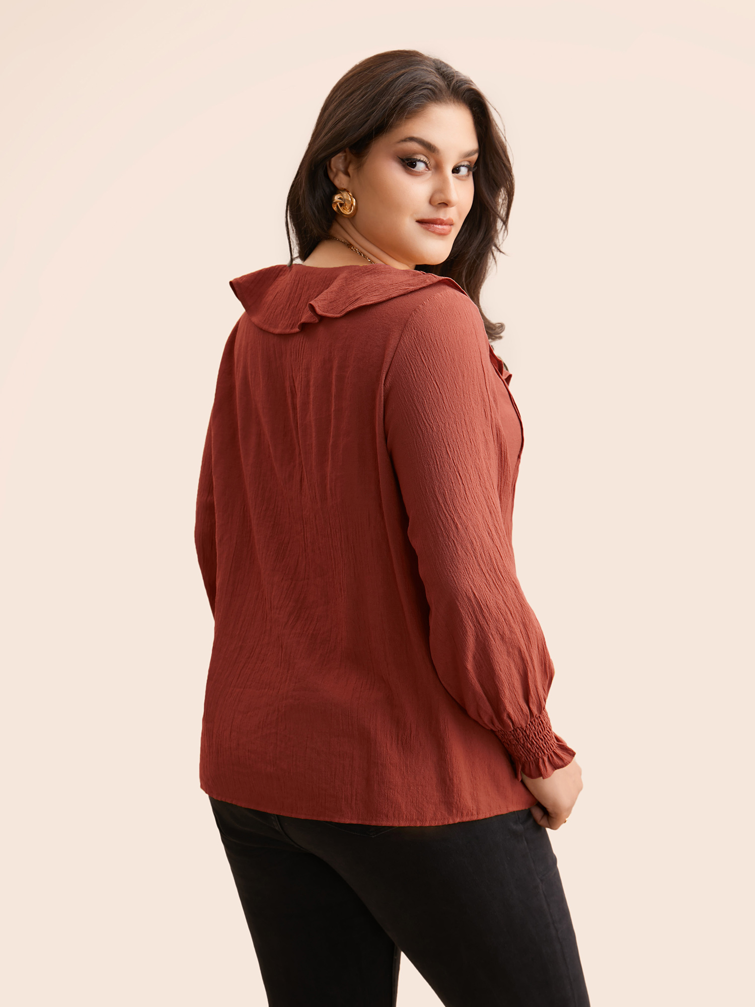 

Plus Size Russet Solid Texture Pleated Ruffle Trim Blouse Women Elegant Long Sleeve Deep V-neck Everyday Blouses BloomChic