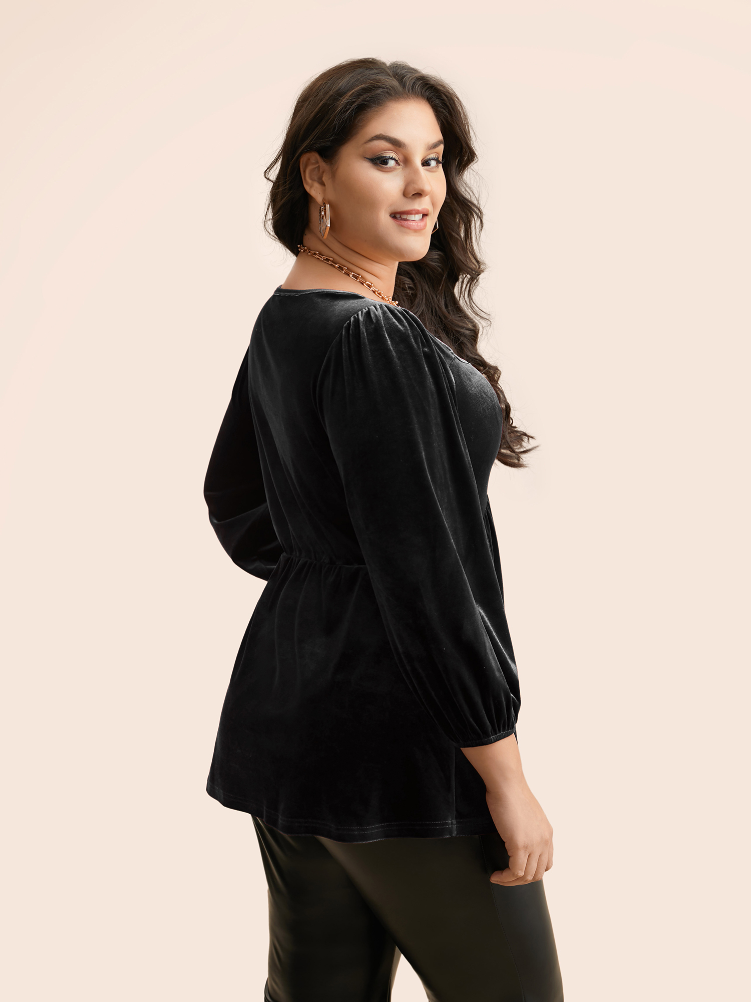 

Plus Size Black Velvet Heart Neckline Gathered Blouse Women Elegant Three Quater Length Sleeve Heart neckline Everyday Blouses BloomChic