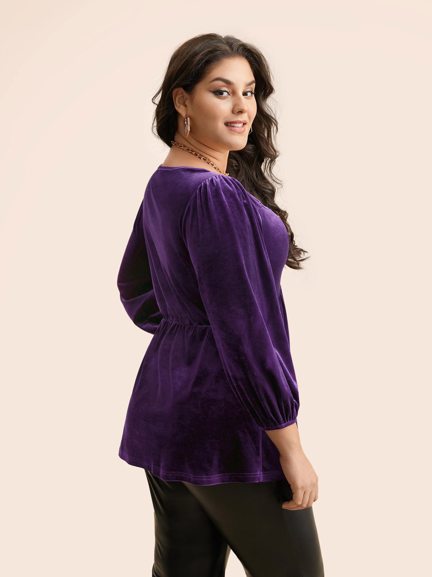 

Plus Size Eggplant Velvet Heart Neckline Gathered Blouse Women Elegant Three Quater Length Sleeve Heart neckline Everyday Blouses BloomChic