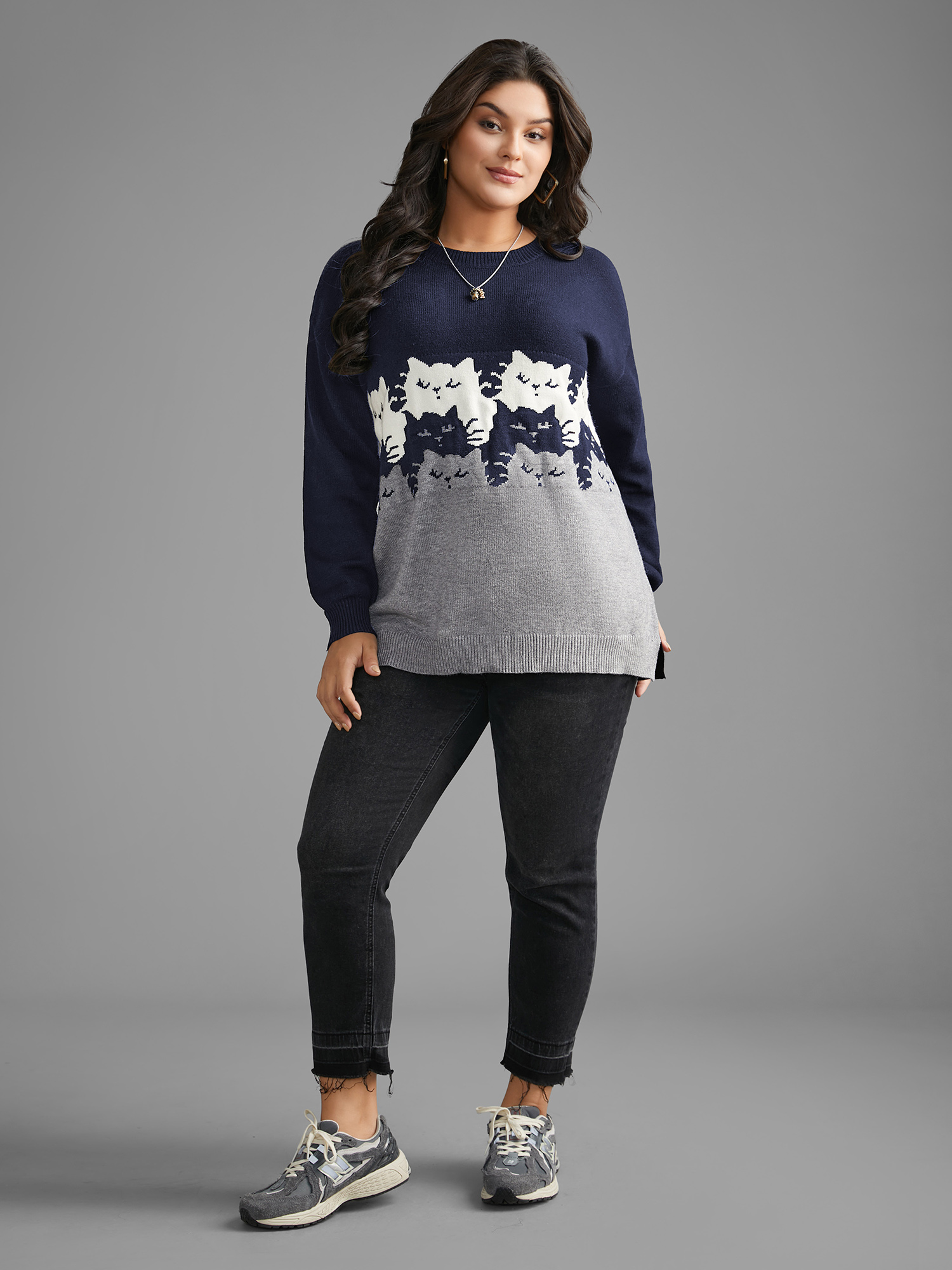 

Plus Size Cat Contrast Drop Shoulder Pullover Indigo Women Casual Loose Long Sleeve Round Neck Everyday Pullovers BloomChic