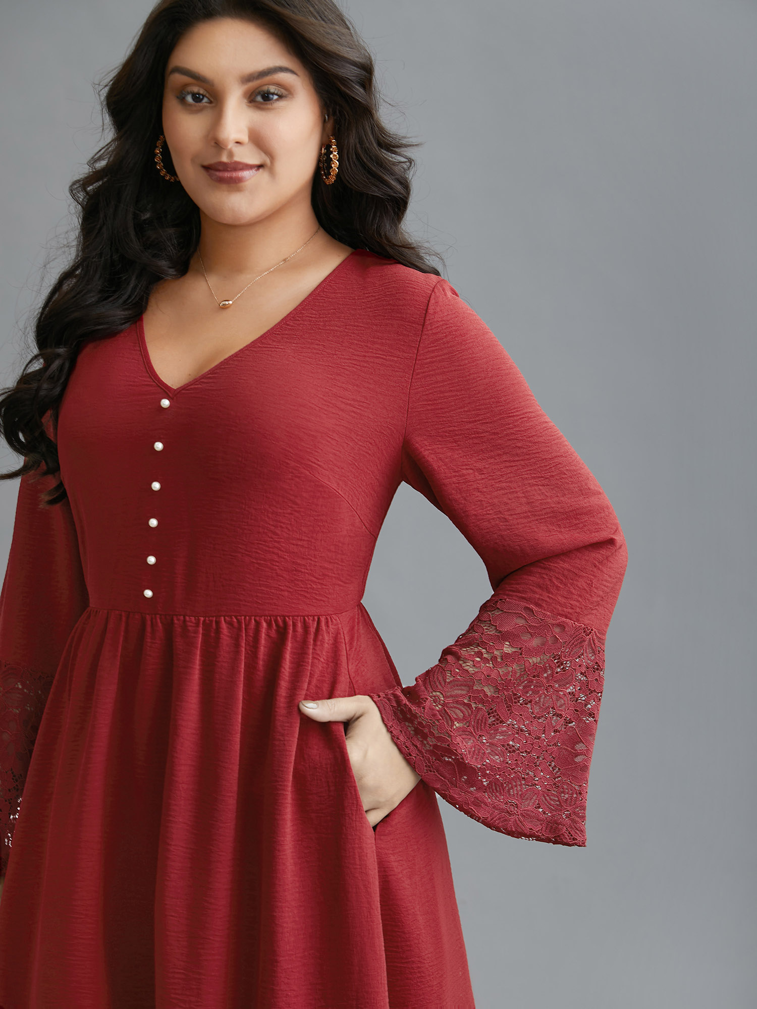 

Plus Size Lace Tiered Skirt Elastic Waist V-Neck Dress Burgundy Women Elegant Woven ribbon&lace trim V-neck Long Sleeve Curvy BloomChic