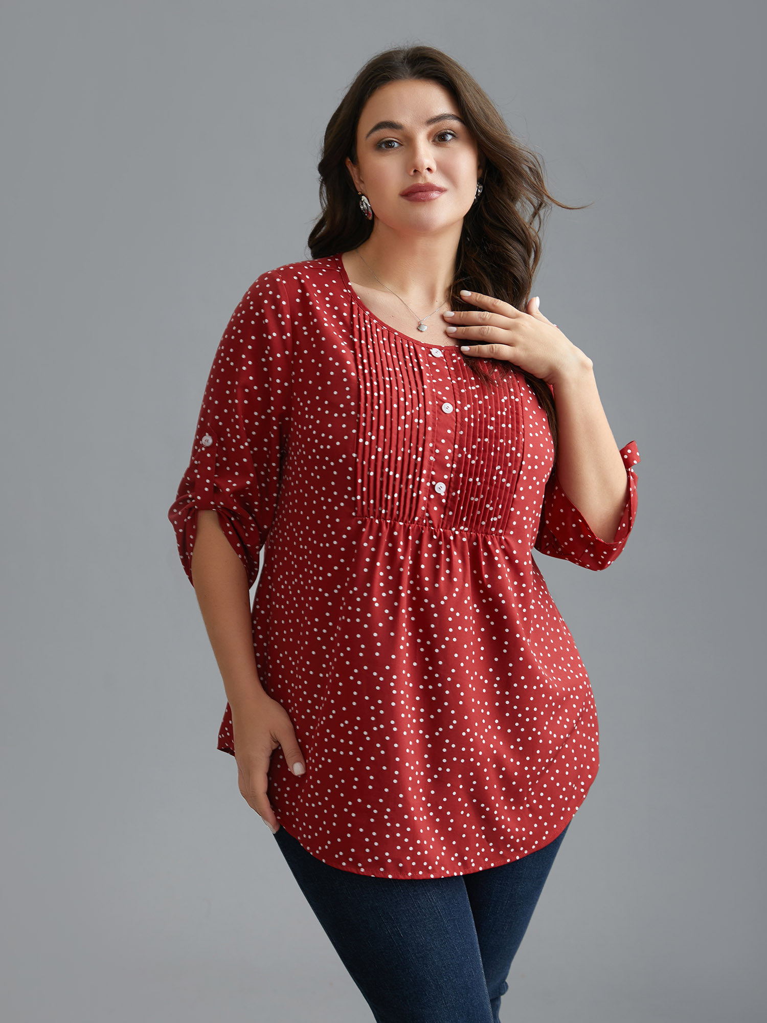 

Plus Size Scarlet Pleated Polka Dot Button Cuff Sleeve Blouse Women At the Office Elbow-length sleeve Round Neck Work Blouses BloomChic