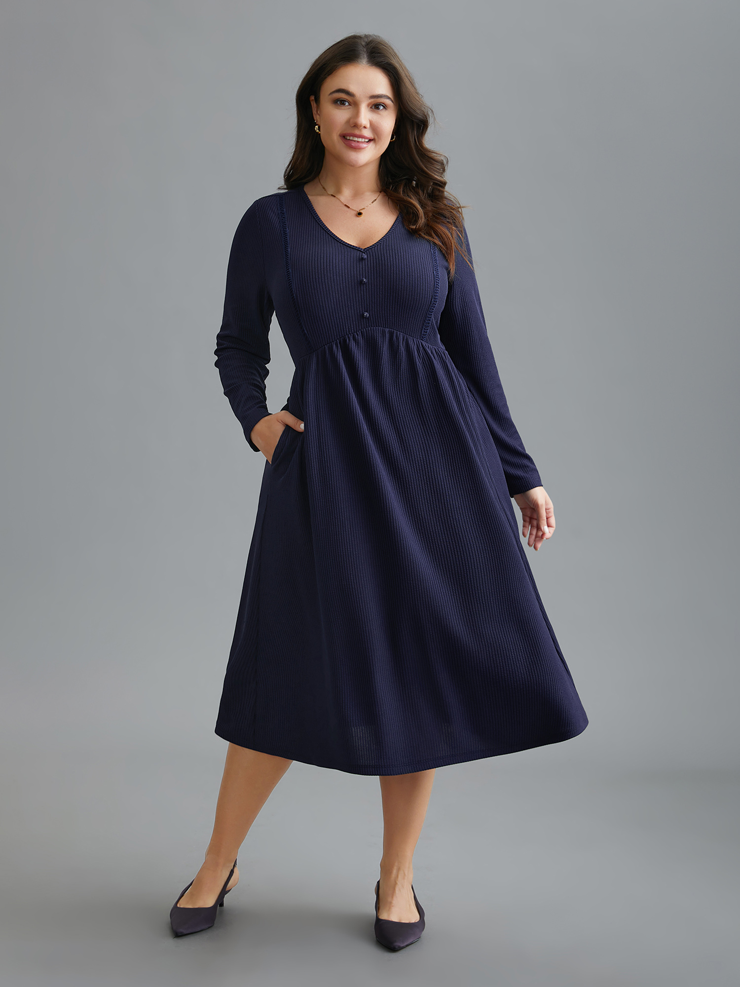 

Plus Size Pit Strip Pocket Waist-Cinching Midi Dress DarkBlue Women Elegant Woven ribbon&lace trim V-neck Long Sleeve Curvy BloomChic