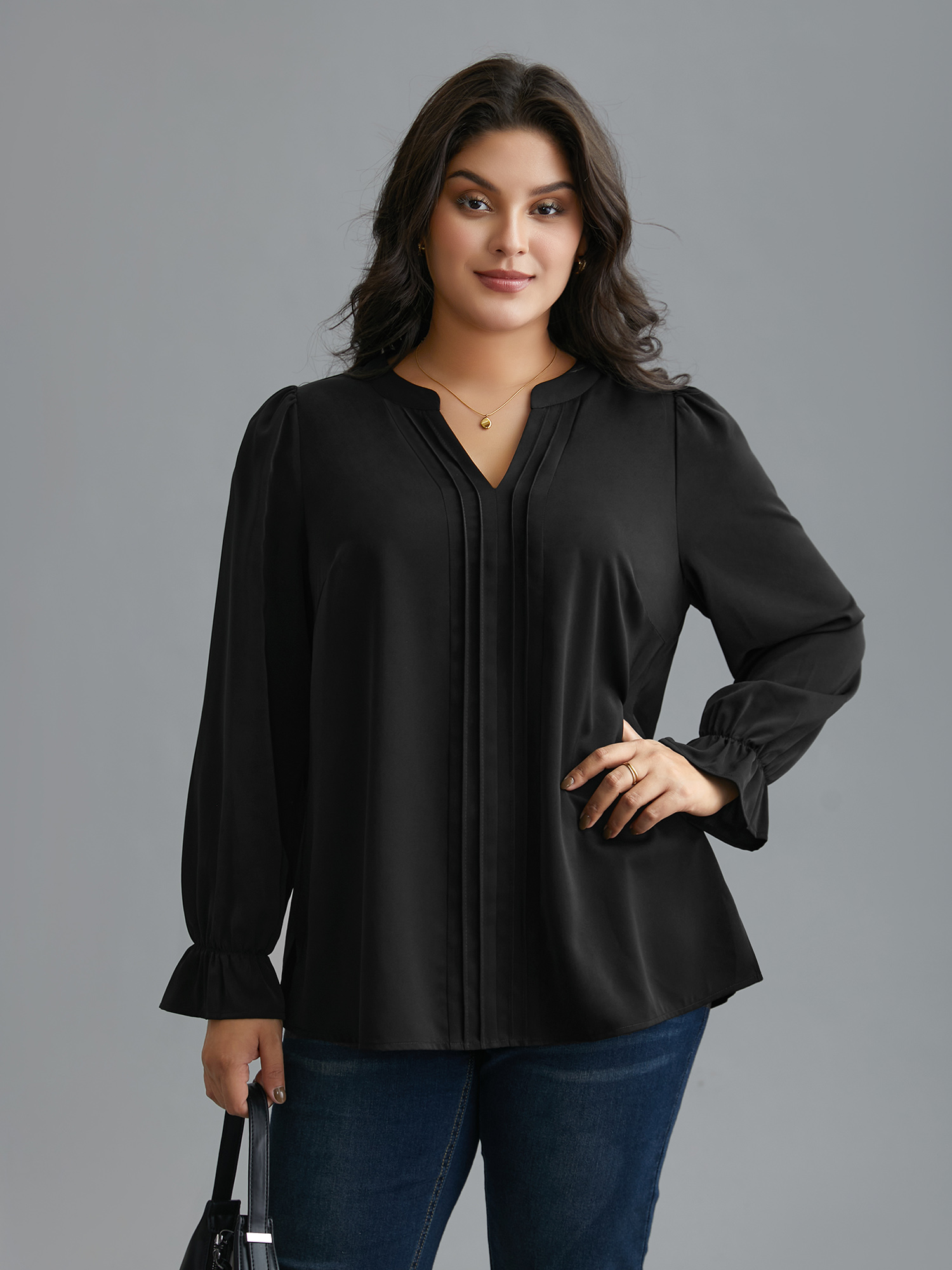 Plus Size Black Notched Collar Pleated Lantern Sleeve Blouse Women At the Office Long Sleeve Notched collar Work Blouses BloomChic 28/5X 