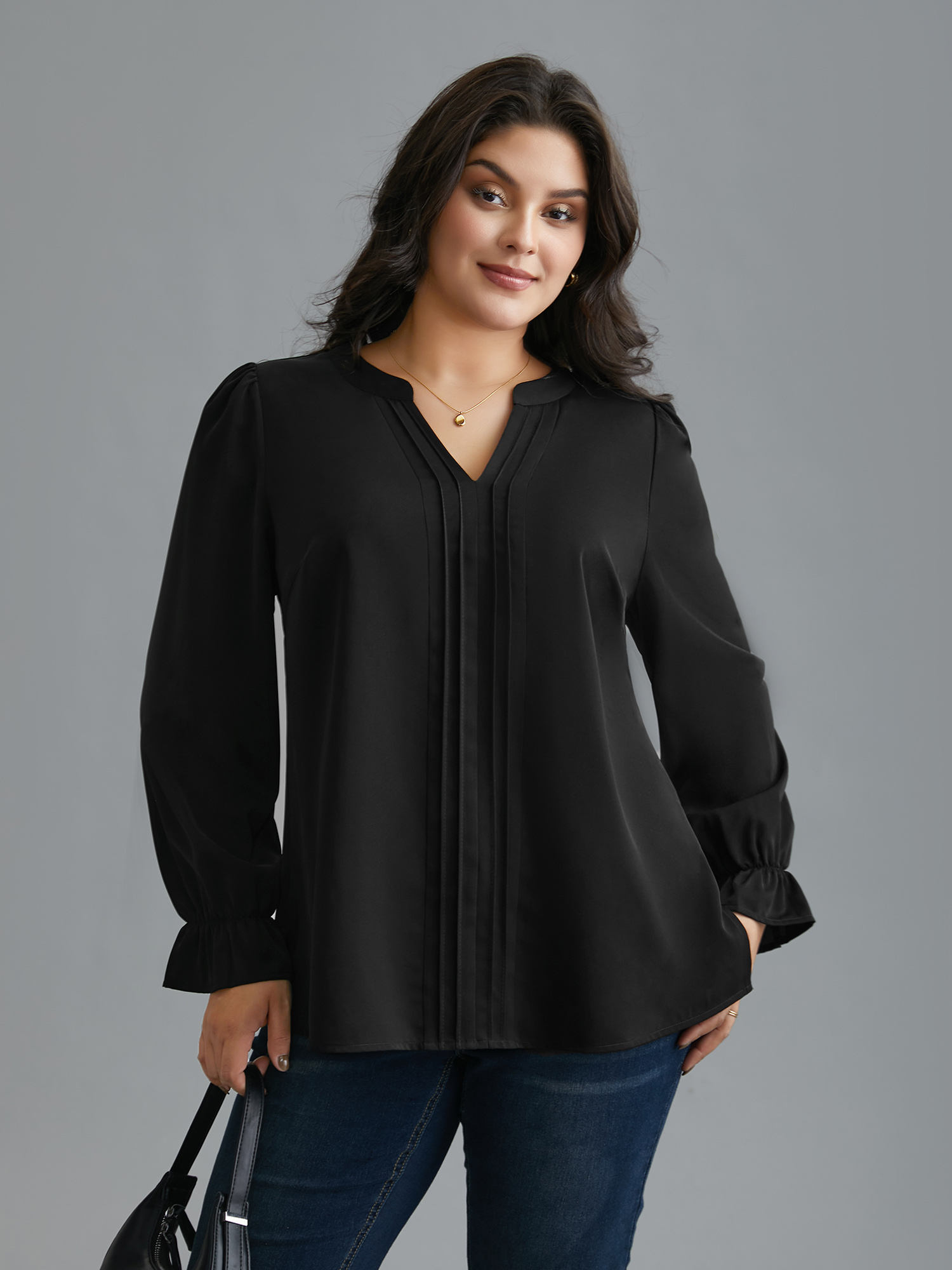 Plus Size Black Notched Collar Pleated Lantern Sleeve Blouse Women At the Office Long Sleeve Notched collar Work Blouses BloomChic 28/5X 