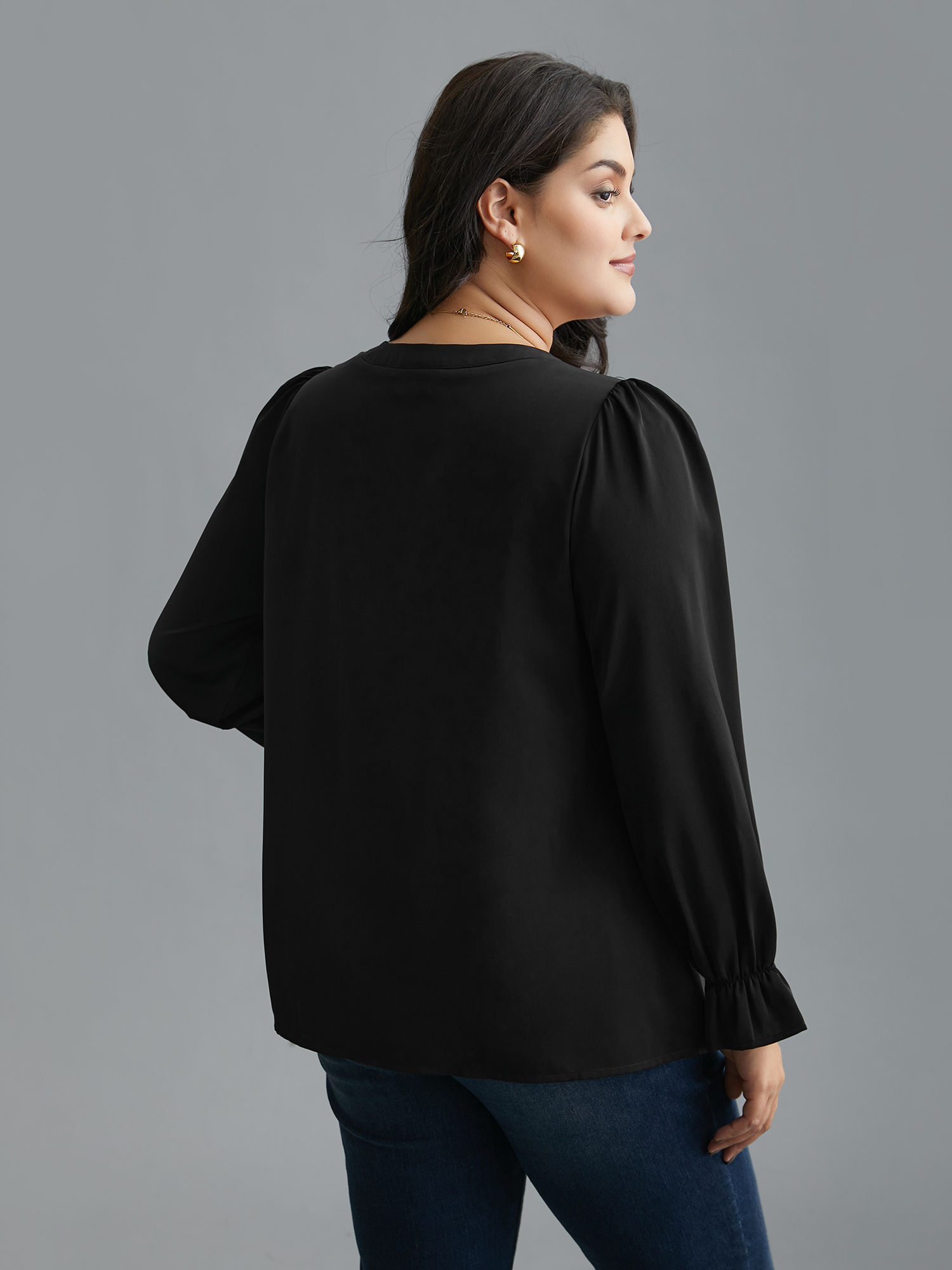 Plus Size Black Notched Collar Pleated Lantern Sleeve Blouse Women At the Office Long Sleeve Notched collar Work Blouses BloomChic 28/5X 