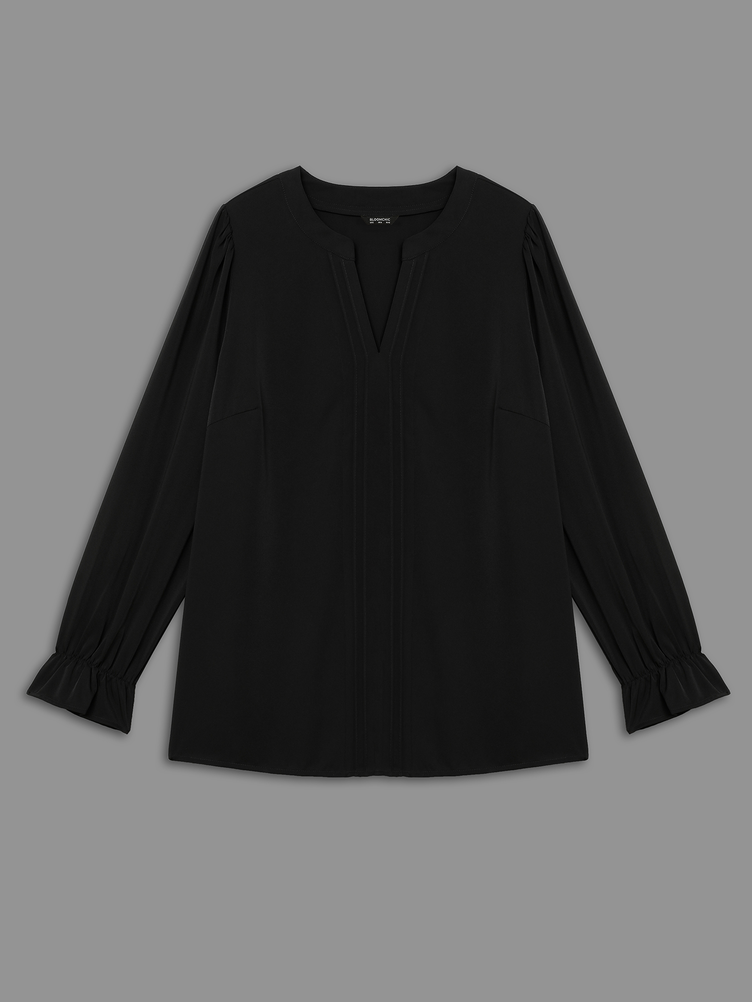 Plus Size Black Notched Collar Pleated Lantern Sleeve Blouse Women At the Office Long Sleeve Notched collar Work Blouses BloomChic 28/5X 
