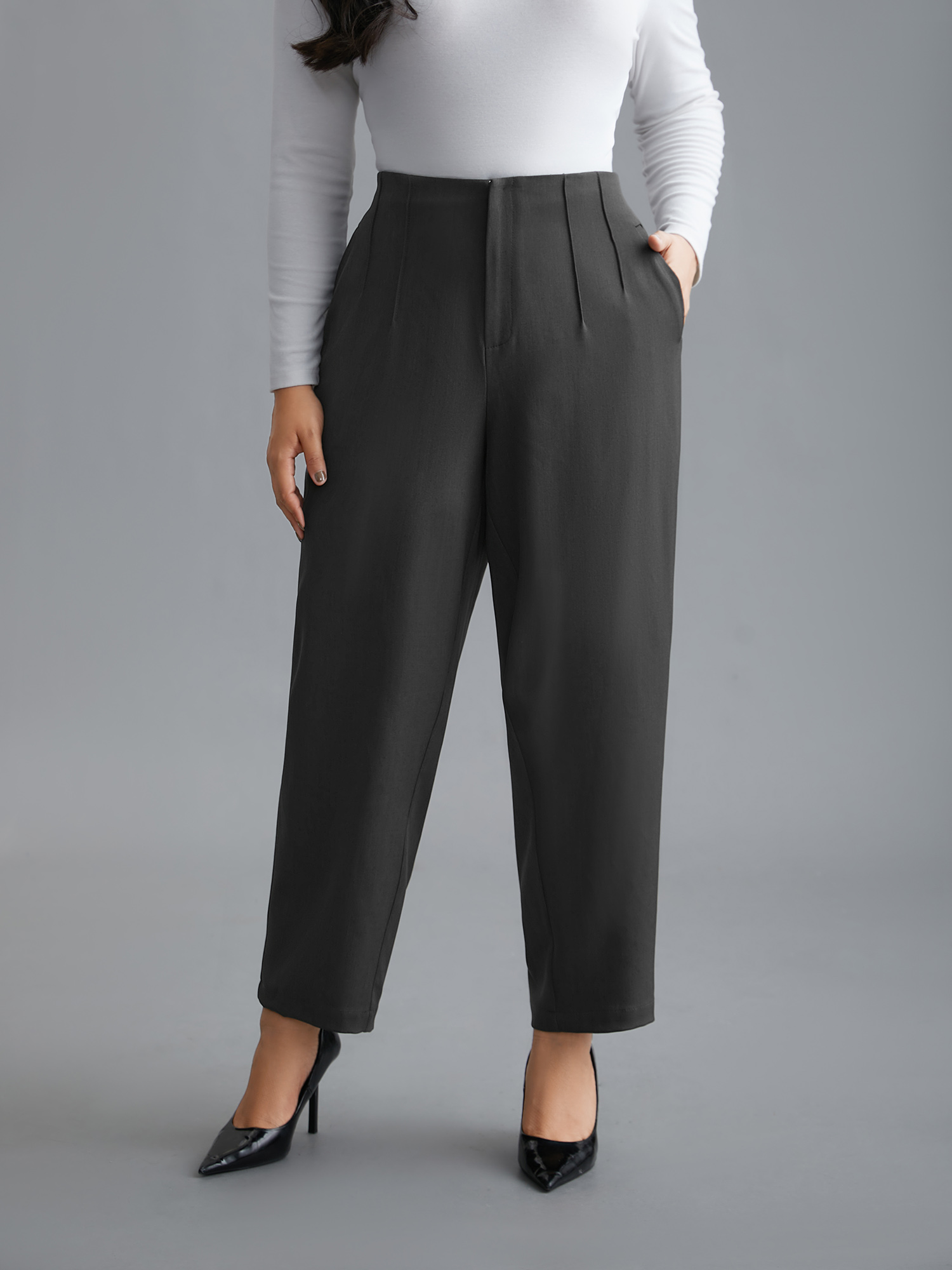 

Plus Size Pleated Mid-Rise Straight Leg Pants Women DimGray At the Office Straight Leg Mid Rise Work Pants BloomChic