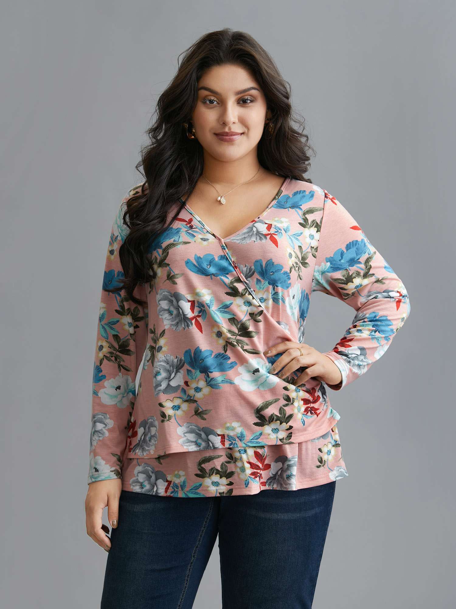 

Plus Size Floral Print Surplice Neck Knit Top Dirtypink Overlap Collar Extra Long Sleeve Elegant Jersey Tops