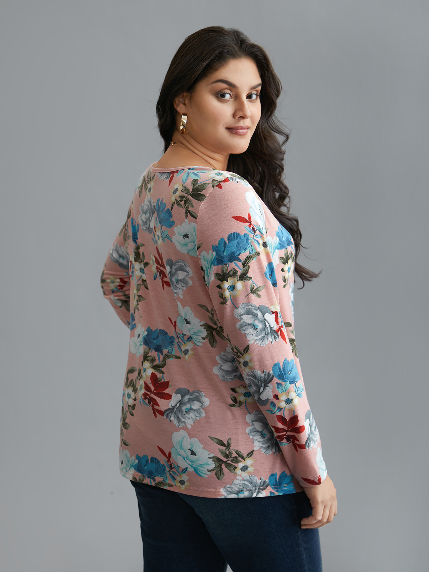 

Plus Size Floral Print Surplice Neck Knit Top Dirtypink Overlap Collar Extra Long Sleeve Elegant Jersey Tops