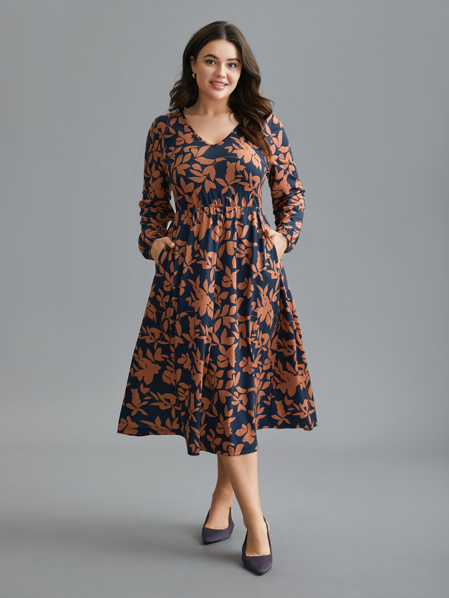 

Plus Size Autumn Leaves Print Fit-and-Flare Midi Dress DarkBlue Women Elegant Non Knit Dresses Bloomchic