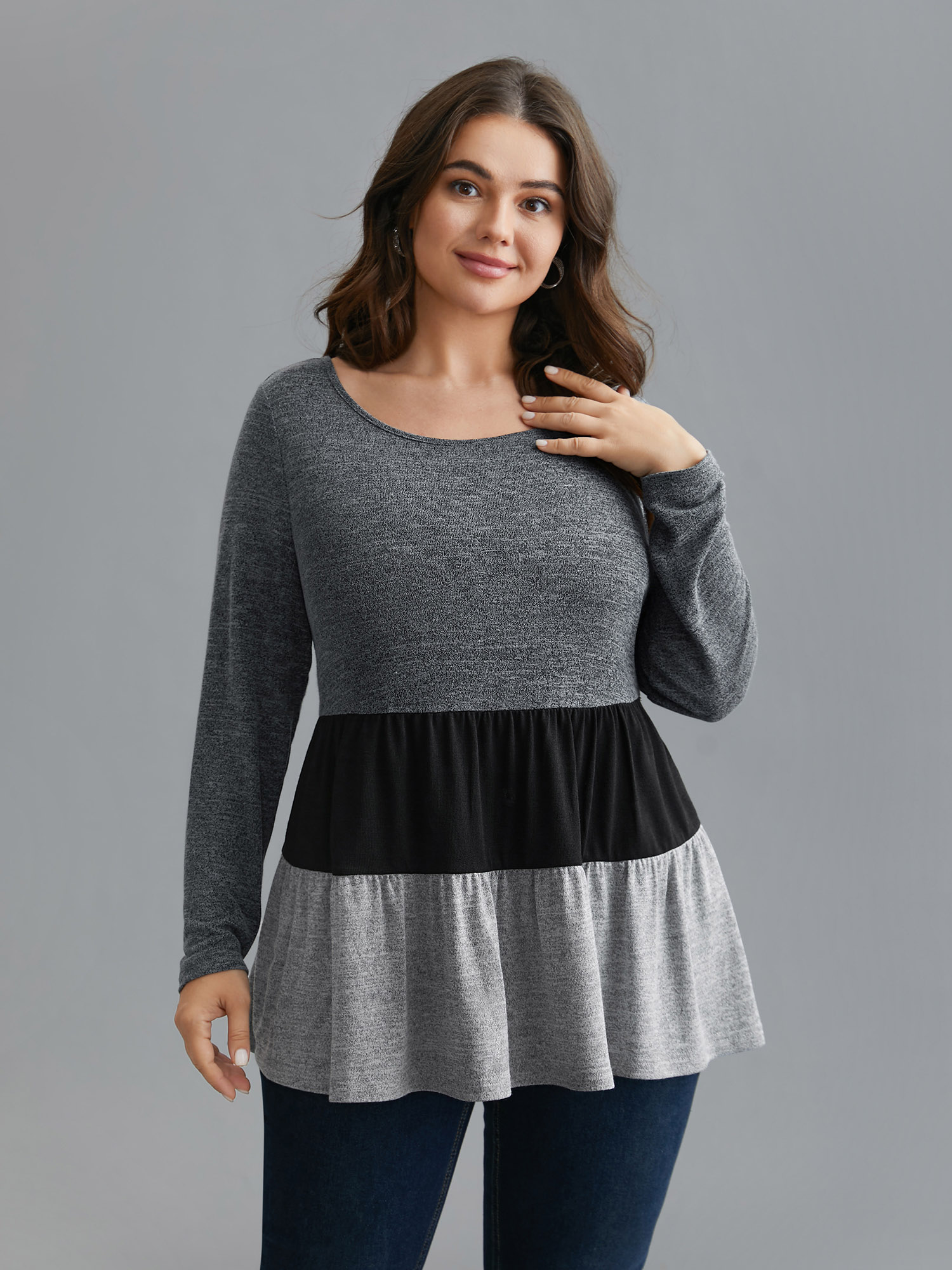 

Plus Size Color Block Round Neck Tiered Knit Top Multicolor Round Neck Long Sleeve Elegant Jersey Tops