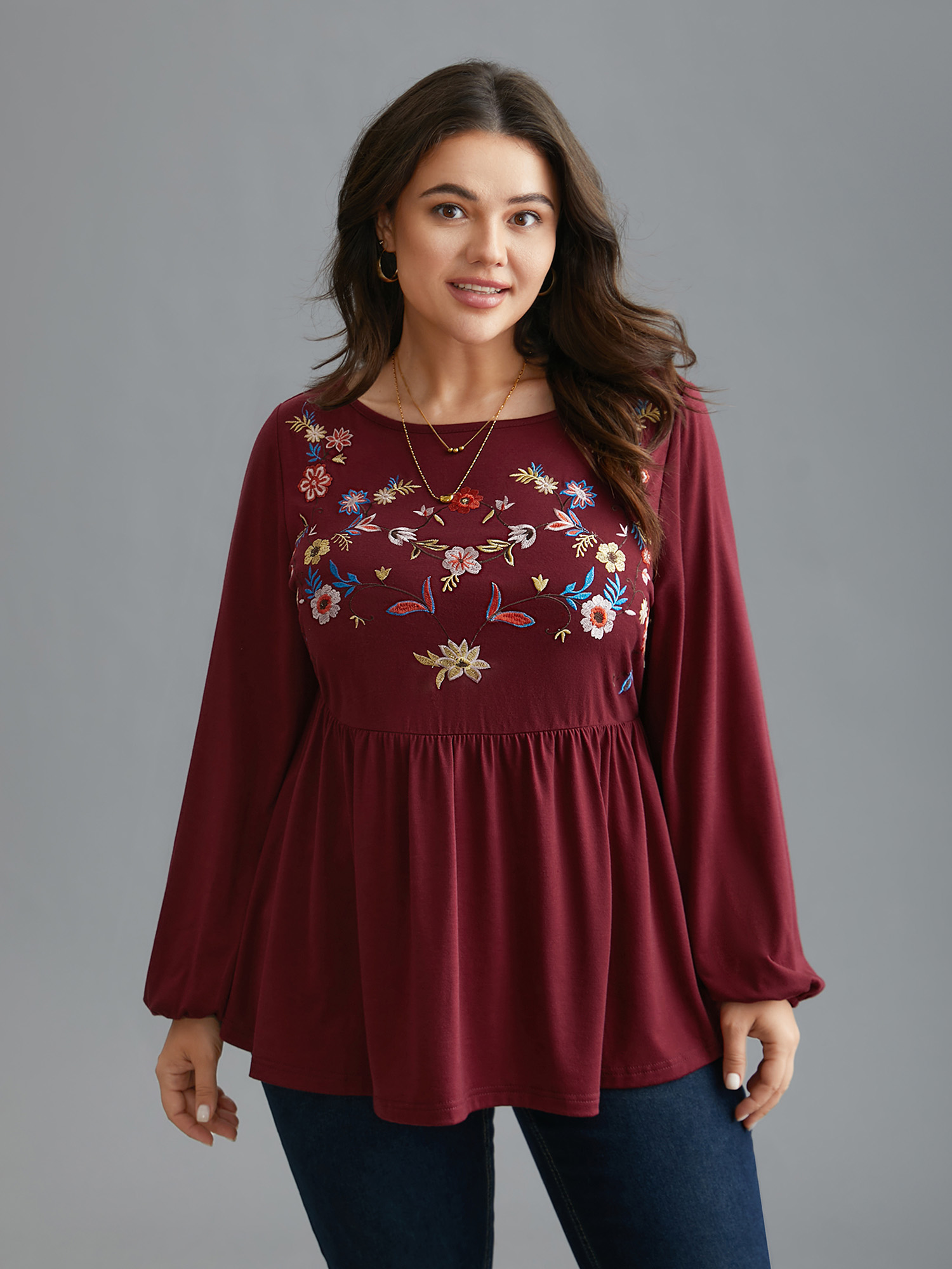 

Plus Size Floral Embroidery Gathered Lantern Sleeve T-shirt Scarlet Women Elegant Gathered Natural Flowers Boat Neck Everyday T-shirts BloomChic