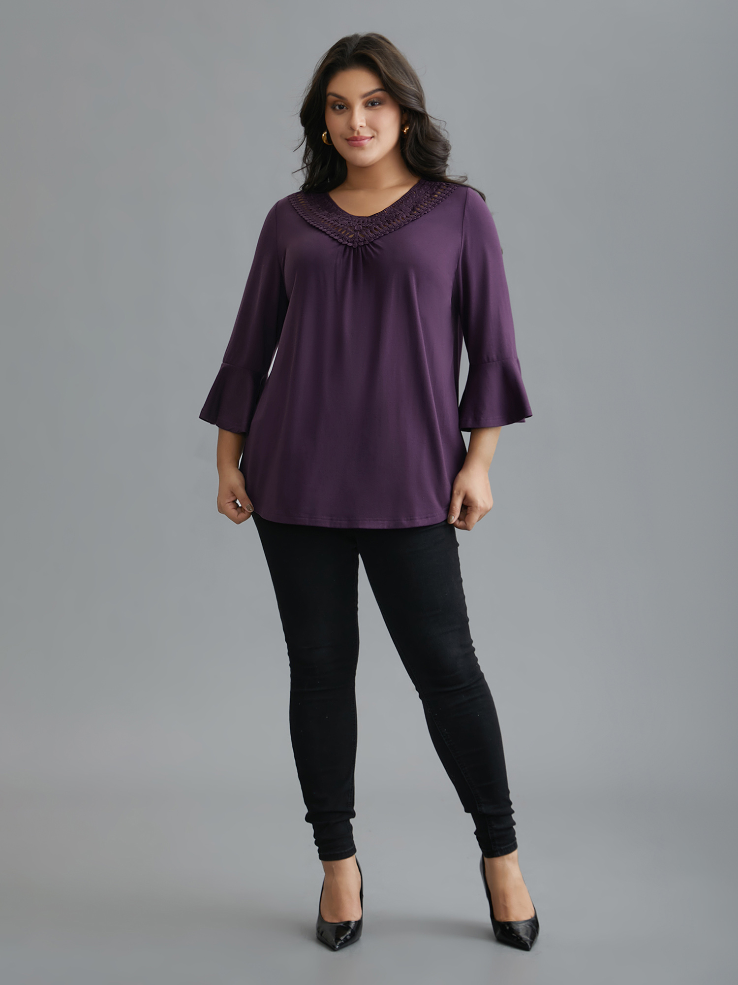 

Plus Size Lace Neckline Trim Ruffle Sleeve T-shirt Eggplant Women Elegant Gathered Round Neck Loose Everyday T-shirts BloomChic