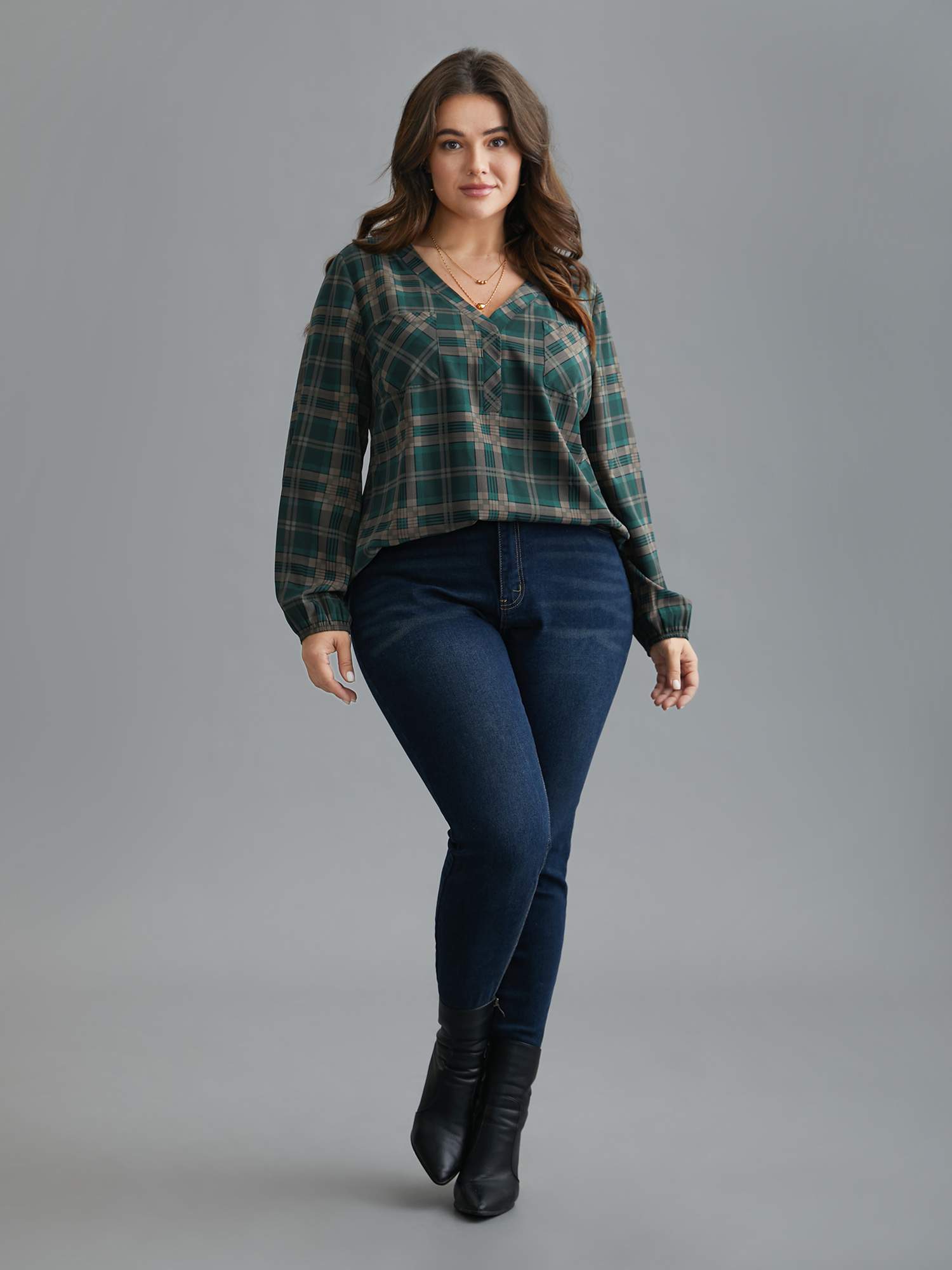 Plus Size DarkSlateGray Plaid Pattern Chest Pocket Blouse Women Elegant Extra Long Sleeve V-neck Everyday Blouses BloomChic 26/4X 