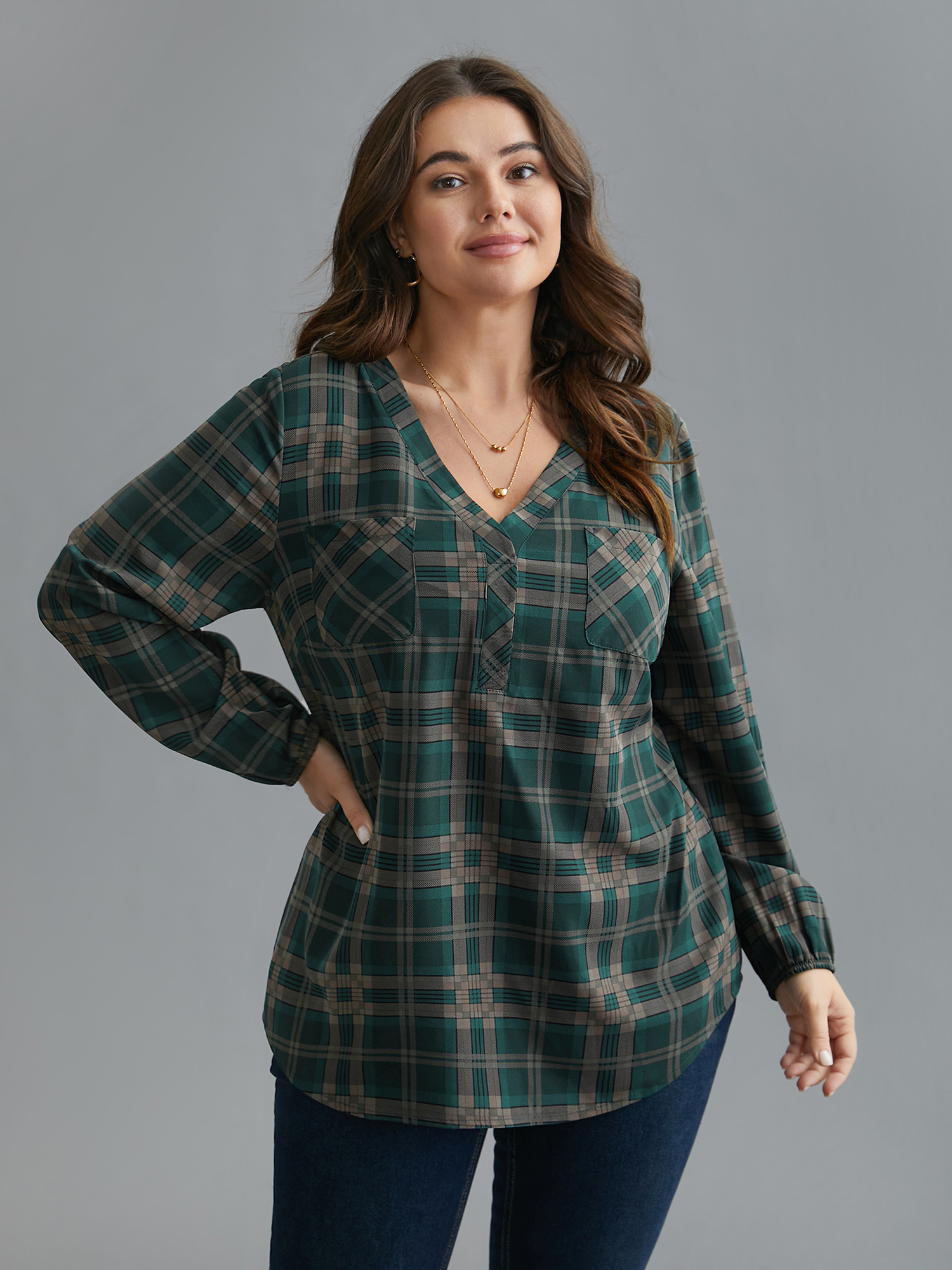 Plus Size DarkSlateGray Plaid Pattern Chest Pocket Blouse Women Elegant Extra Long Sleeve V-neck Everyday Blouses BloomChic 26/4X 