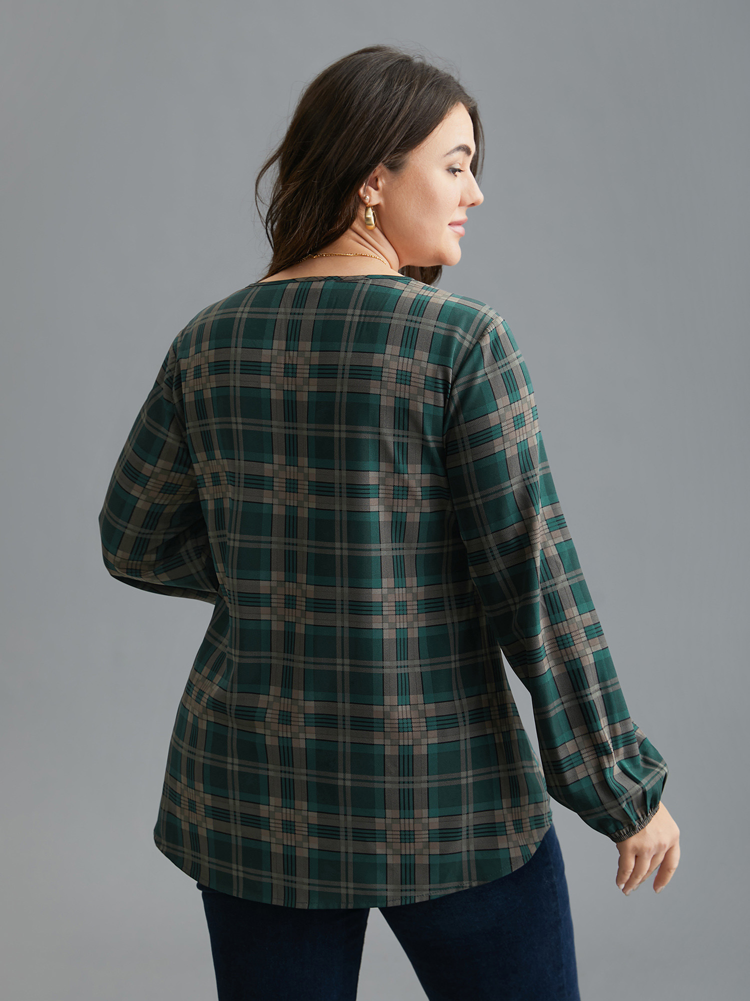 Plus Size DarkSlateGray Plaid Pattern Chest Pocket Blouse Women Elegant Extra Long Sleeve V-neck Everyday Blouses BloomChic 26/4X 
