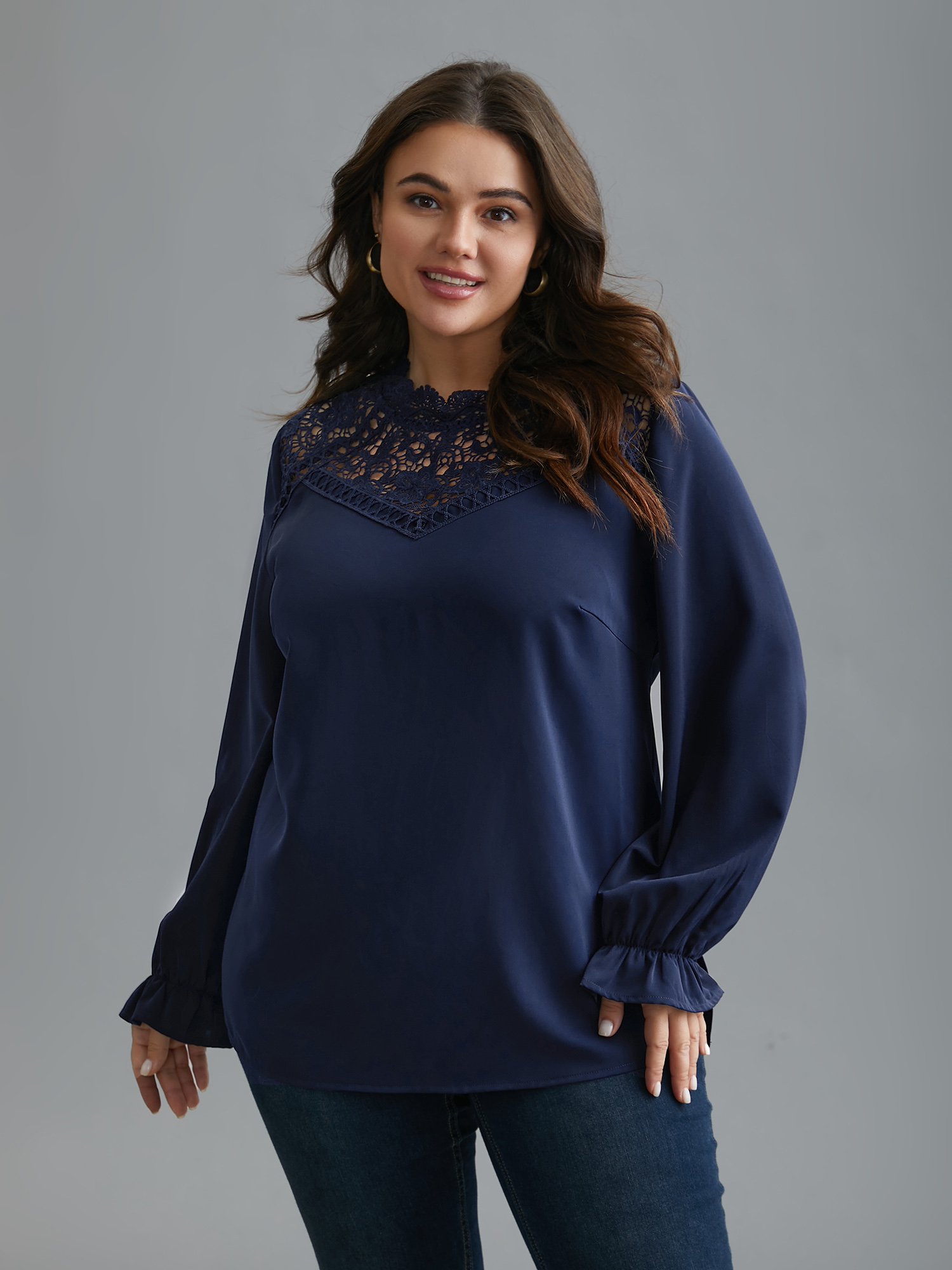 

Plus Size Indigo Lace Cut-Out Sheer Stand Collar Blouse Women Elegant Long Sleeve Stand-up collar Everyday Blouses BloomChic