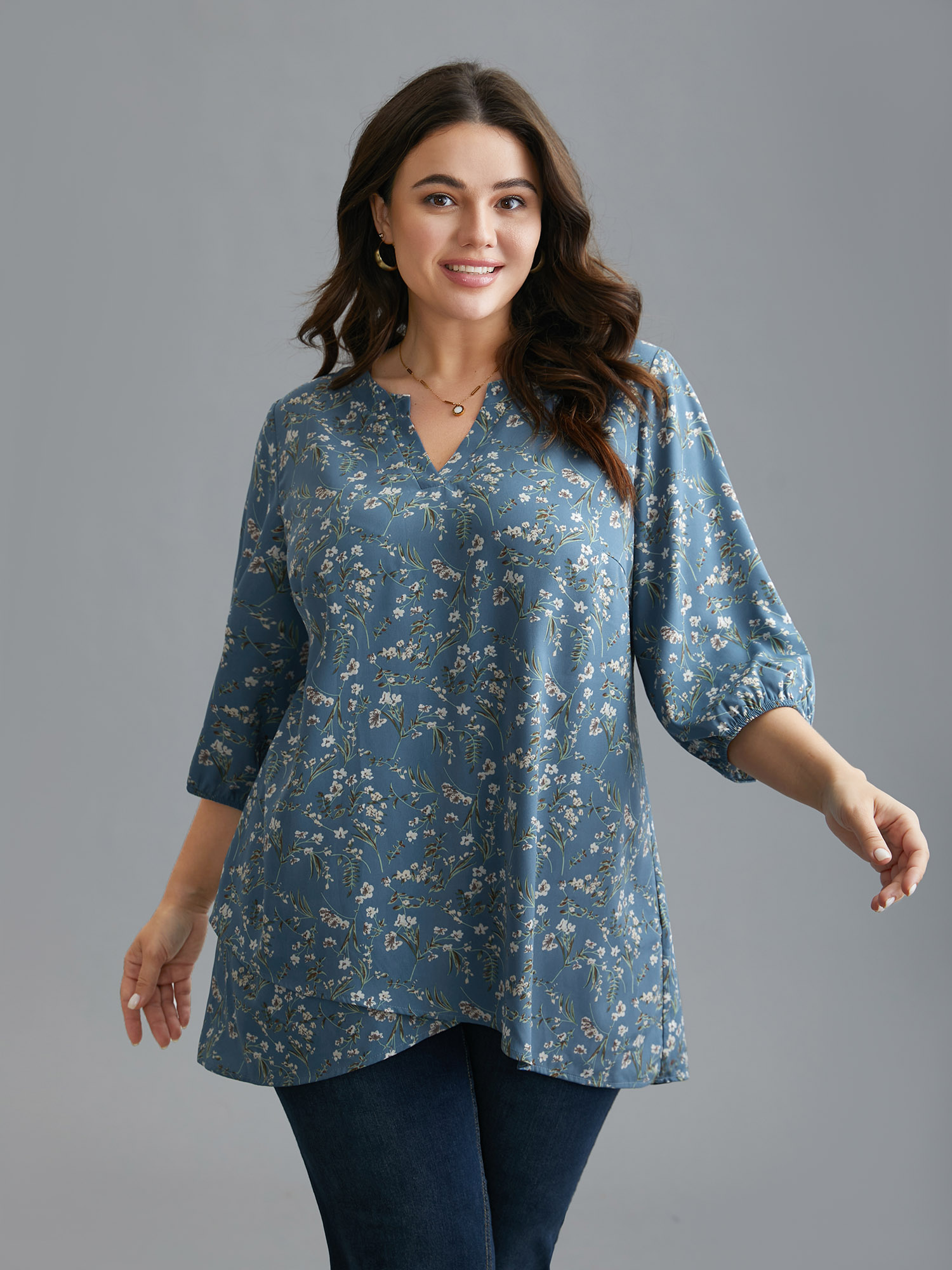 

Plus Size Stone Floral Asymmetrical Hem Elastic Cuff Blouse Women Elegant Elbow-length sleeve Flat collar with V-notch Everyday Blouses BloomChic