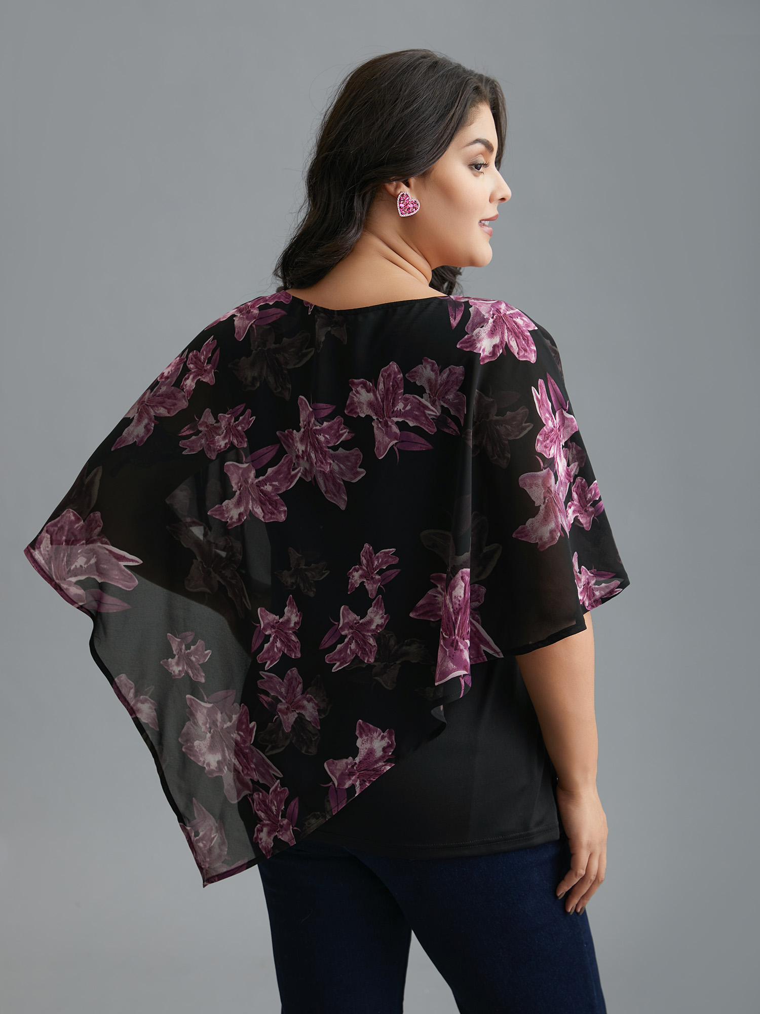 

Plus Size Black Floral Asymmetrical Sheer Dolman Sleeve Blouse Women Elegant Elbow-length sleeve Round Neck Everyday Blouses BloomChic