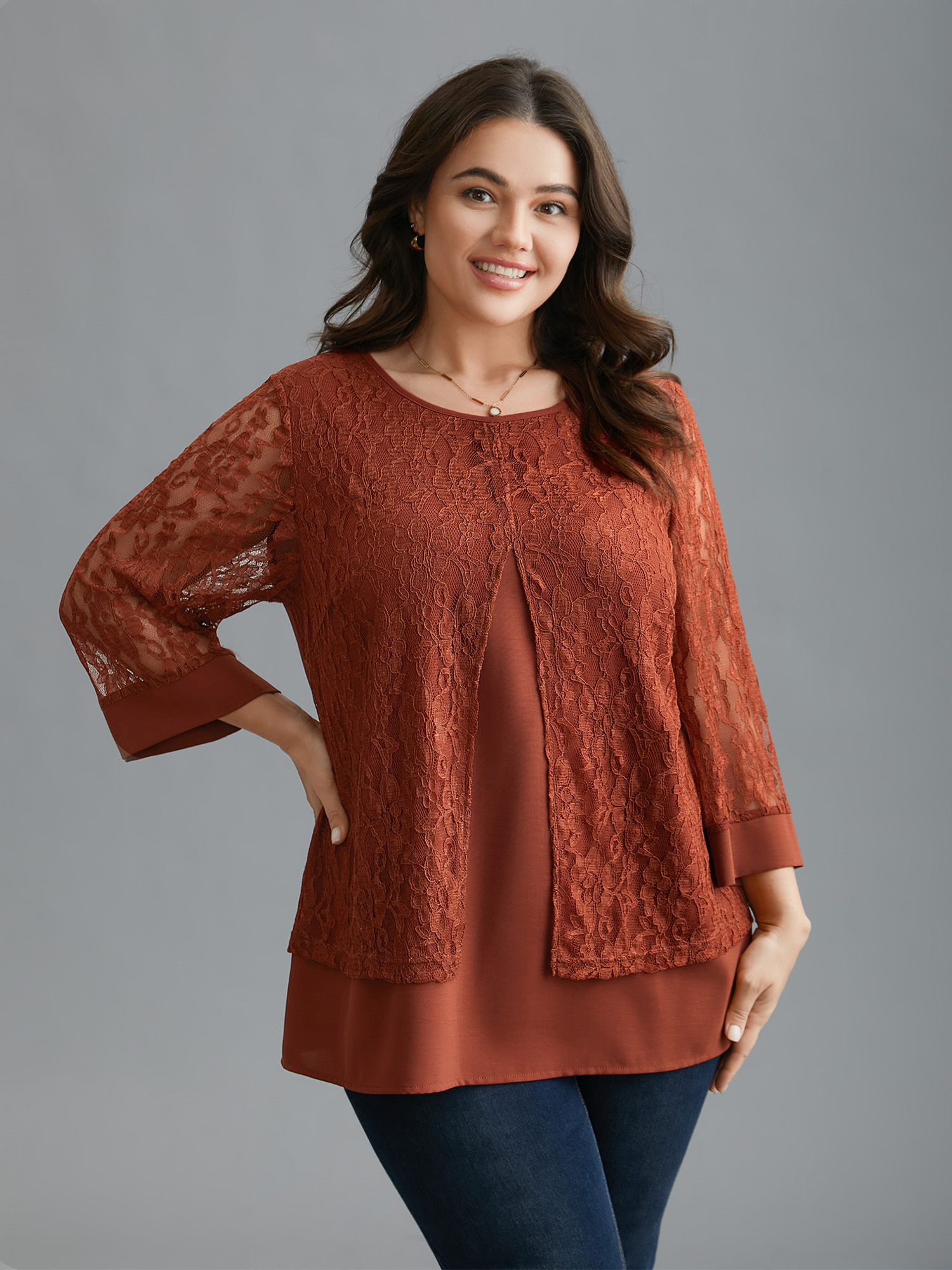 

Plus Size Rust Sheer Lace Sleeve Open-Front Design Blouse Women Elegant Elbow-length sleeve Round Neck Everyday Blouses BloomChic