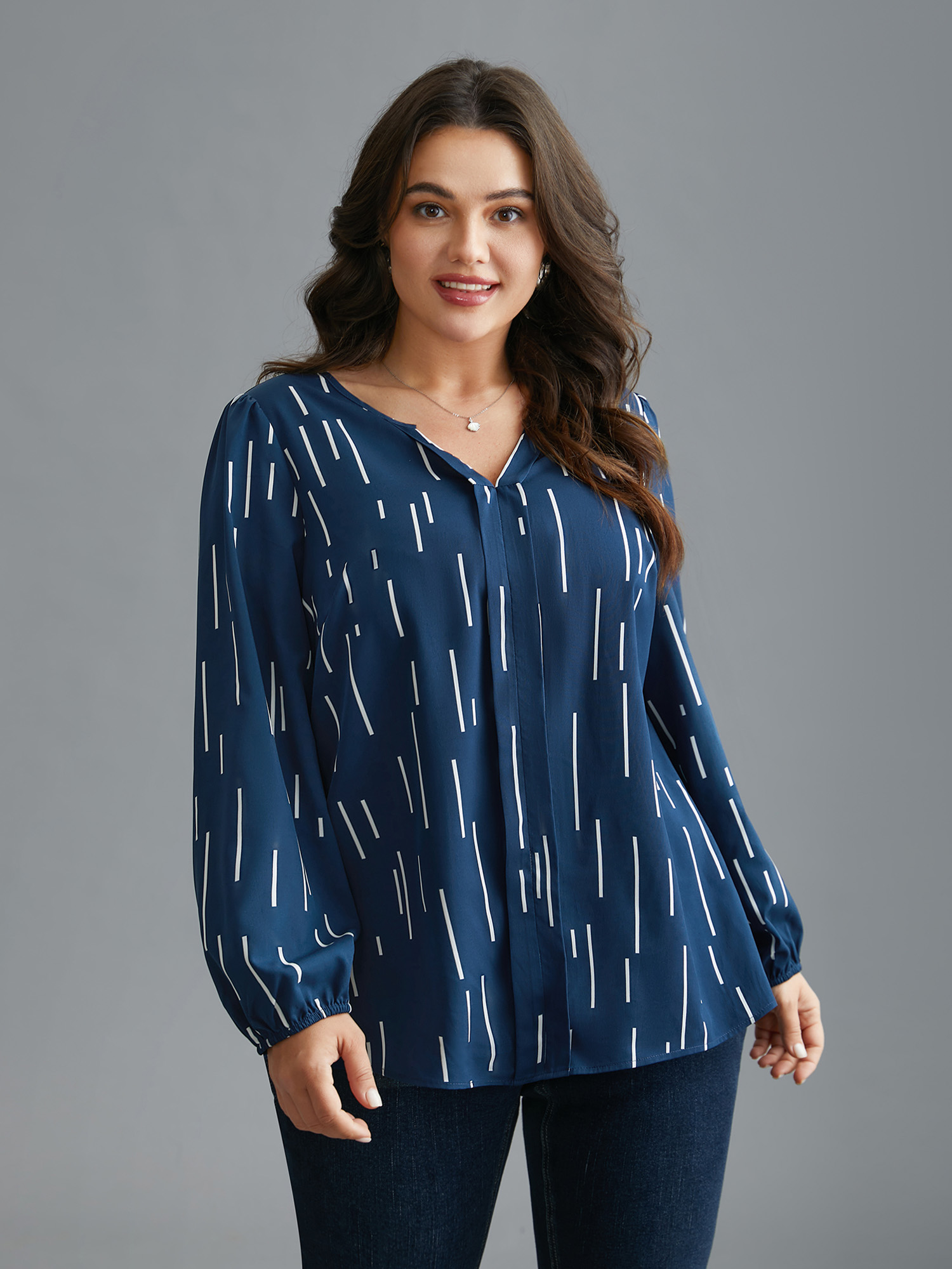 

Plus Size Indigo Geometric Print Notched Collar Blouse Women At the Office Long Sleeve Notched collar Work Blouses BloomChic