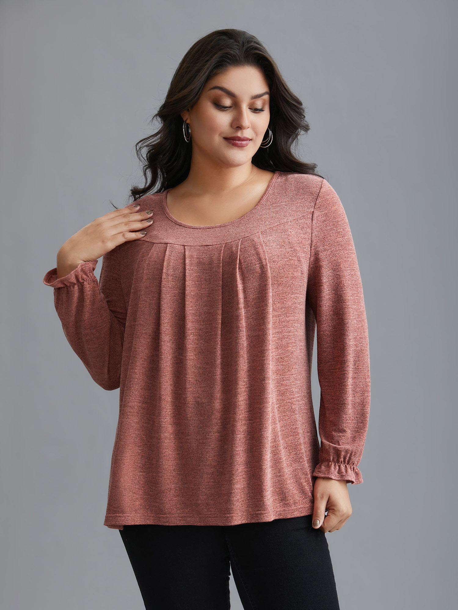 

Plus Size Round Neck Heather Pleated T-shirt OrangeRed Women Elegant Pleated Round Neck Loose Everyday T-shirts BloomChic