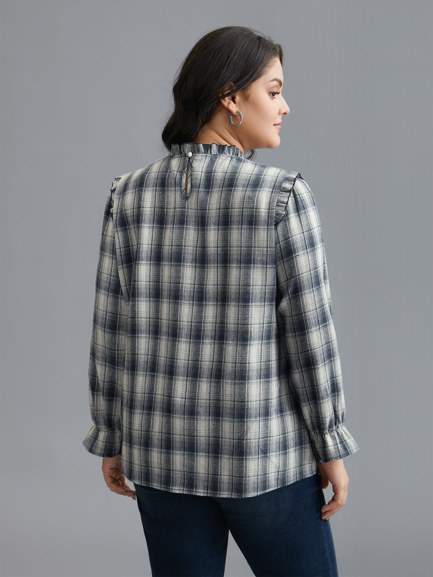 

Plus Size Indigo Plaid Ruffle Trim Gathered Blouse Women Elegant Extra Long Sleeve Round Neck Everyday Blouses BloomChic