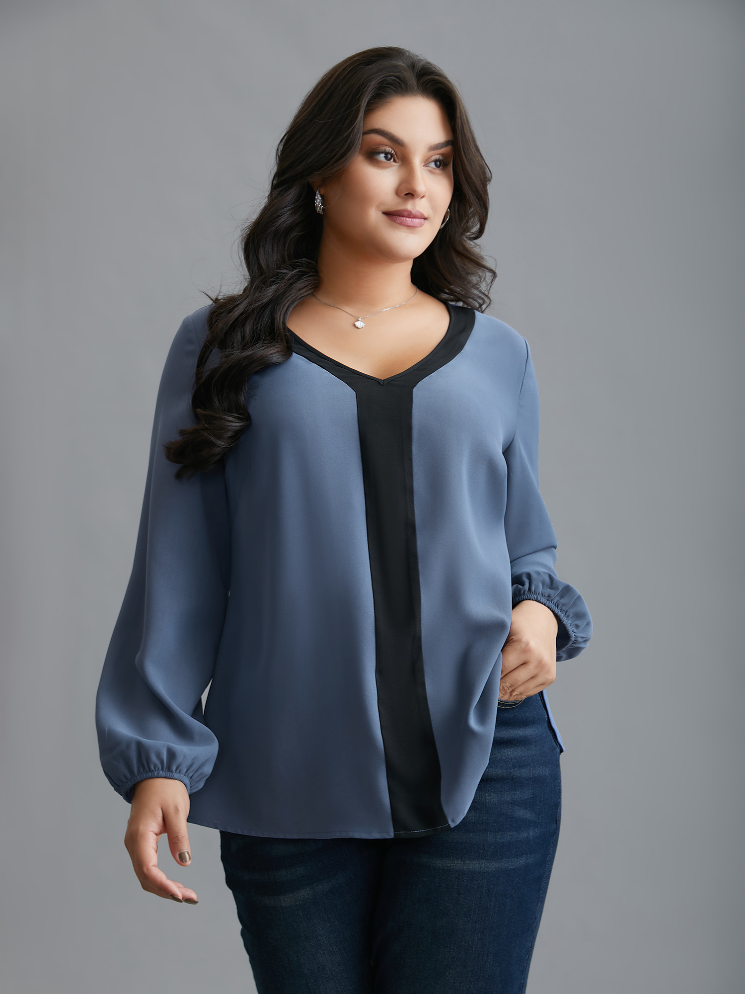 

Plus Size Stone Contrasting Panel Lantern Sleeve Shirt Women Elegant Long Sleeve V-neck Everyday Blouses BloomChic