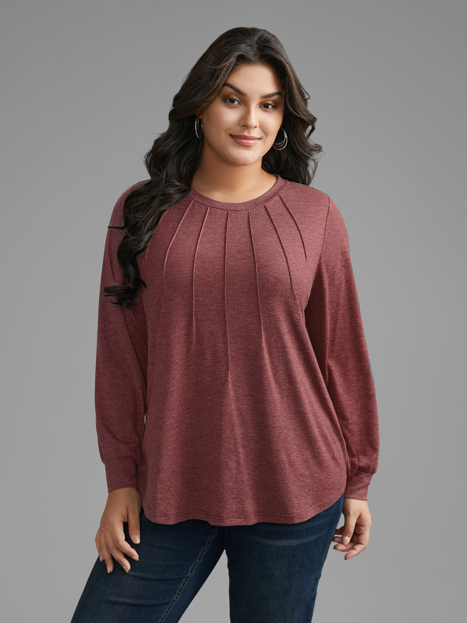 

Plus Size Solid Heather Round Neck Pleated T-shirt Russet Women Casual Pleated Round Neck Everyday T-shirts BloomChic