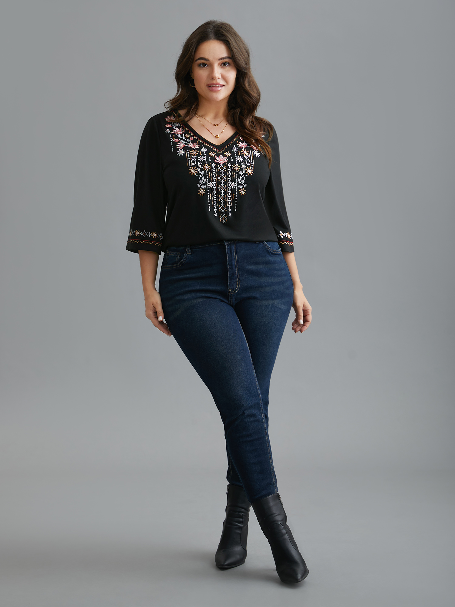 Plus Size Floral Embroidered V-Neck T-shirt Black Women Elegant Embroidered Natural Flowers V-neck Everyday T-shirts BloomChic 22-24/3X 
