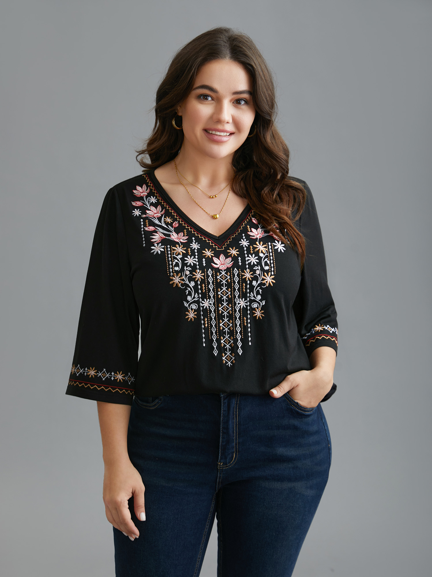 Plus Size Floral Embroidered V-Neck T-shirt Black Women Elegant Embroidered Natural Flowers V-neck Everyday T-shirts BloomChic 22-24/3X 