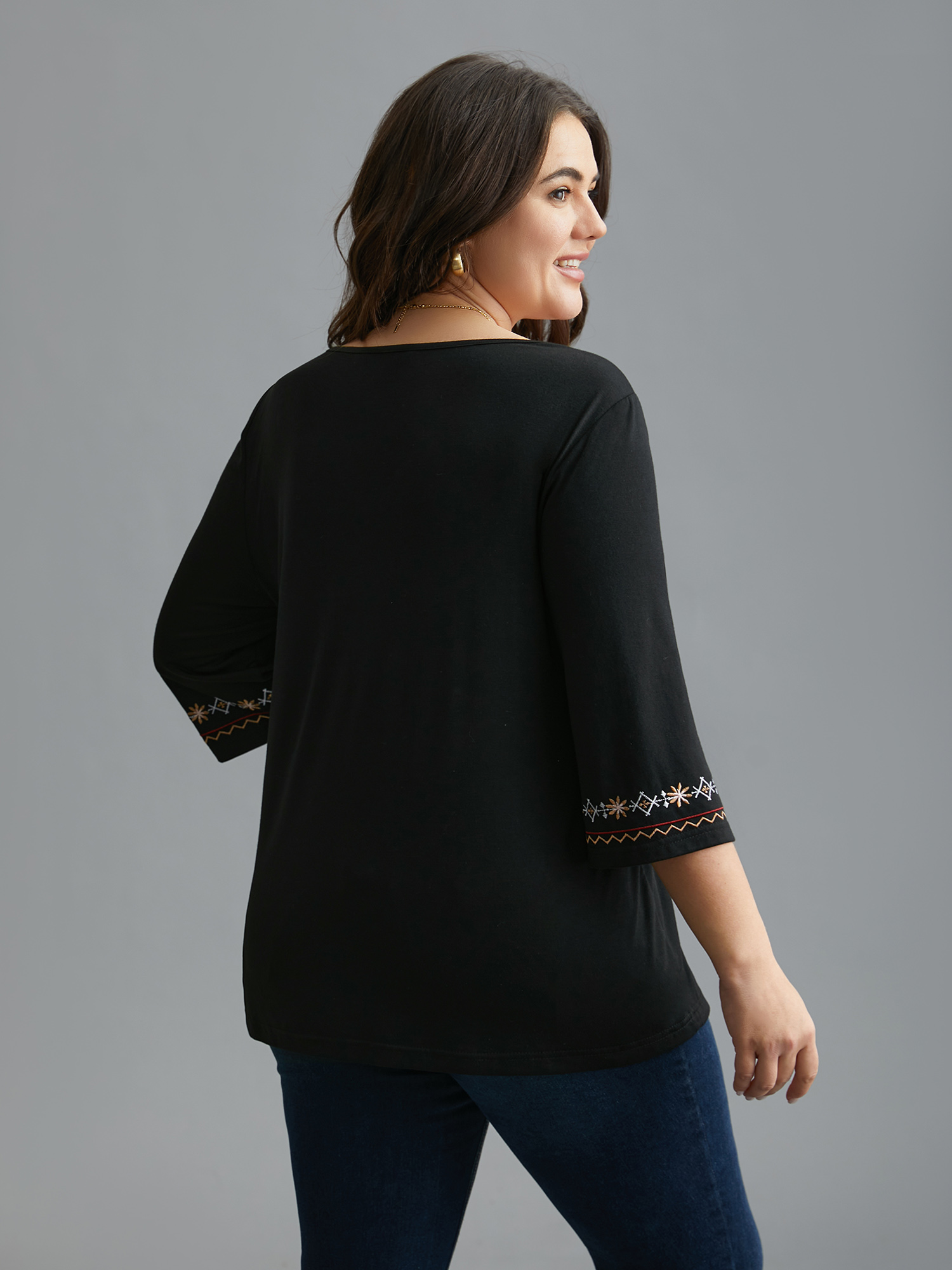 Plus Size Floral Embroidered V-Neck T-shirt Black Women Elegant Embroidered Natural Flowers V-neck Everyday T-shirts BloomChic 22-24/3X 