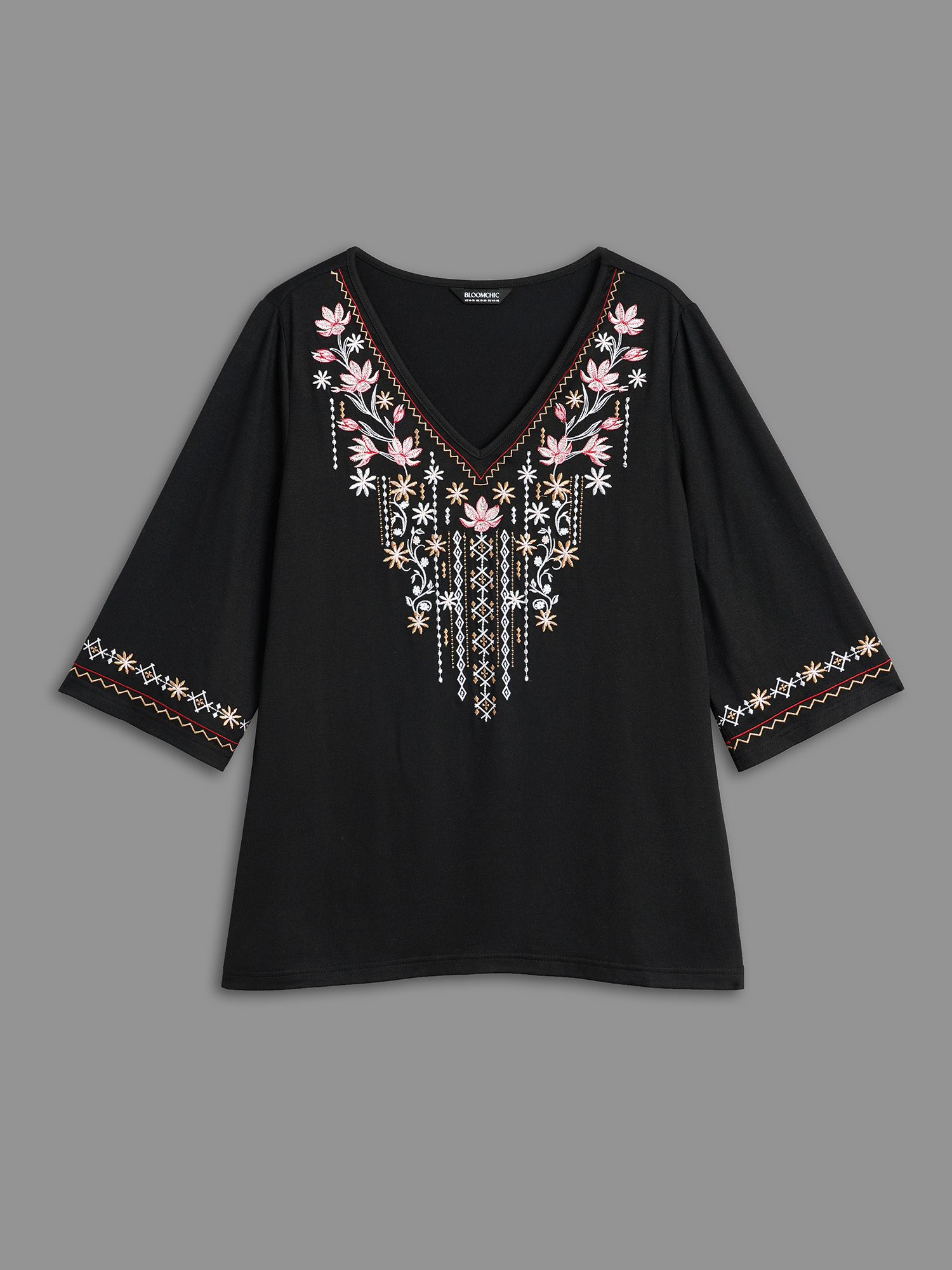 Plus Size Floral Embroidered V-Neck T-shirt Black Women Elegant Embroidered Natural Flowers V-neck Everyday T-shirts BloomChic 22-24/3X 