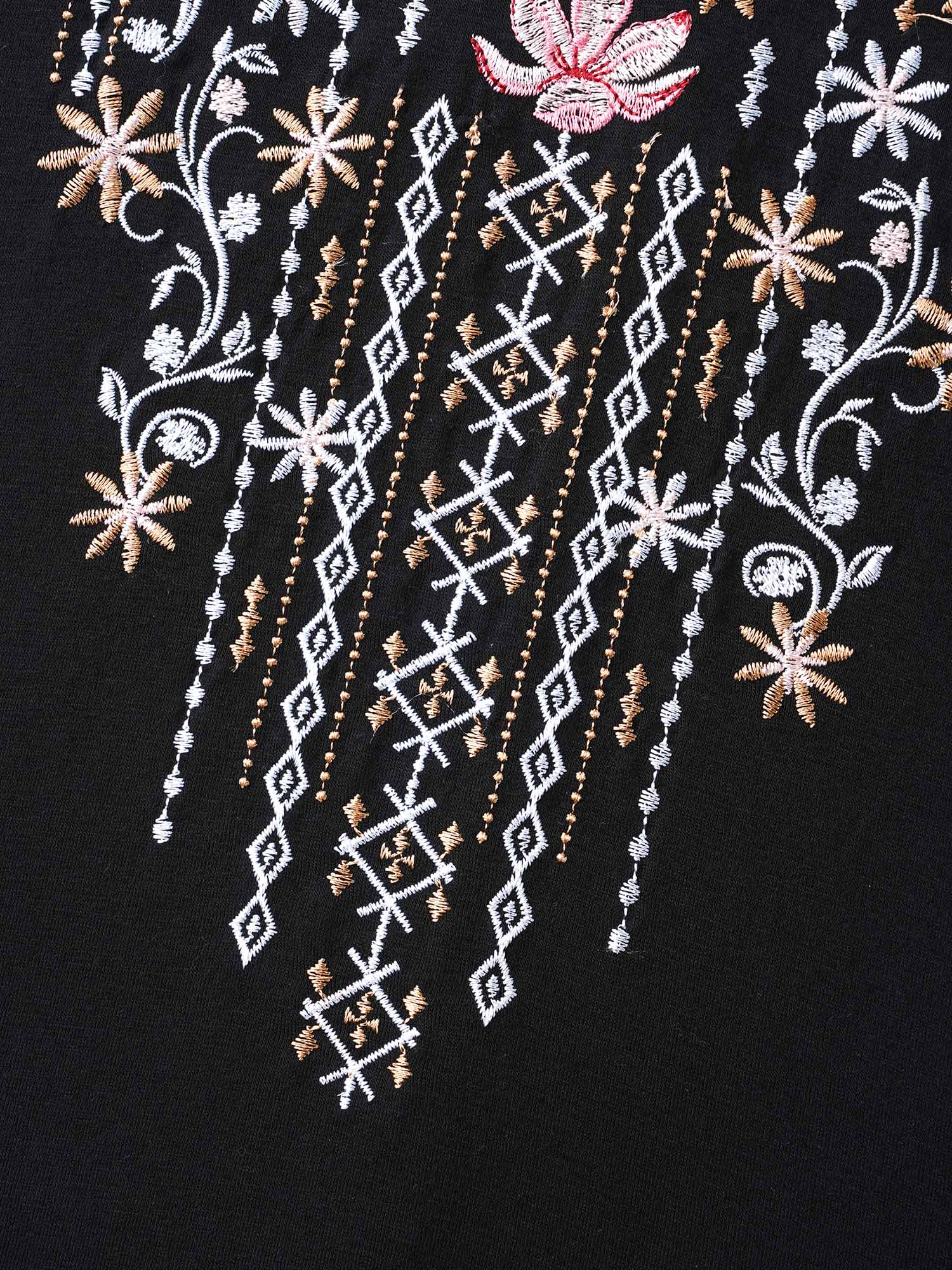 Plus Size Floral Embroidered V-Neck T-shirt Black Women Elegant Embroidered Natural Flowers V-neck Everyday T-shirts BloomChic 22-24/3X 