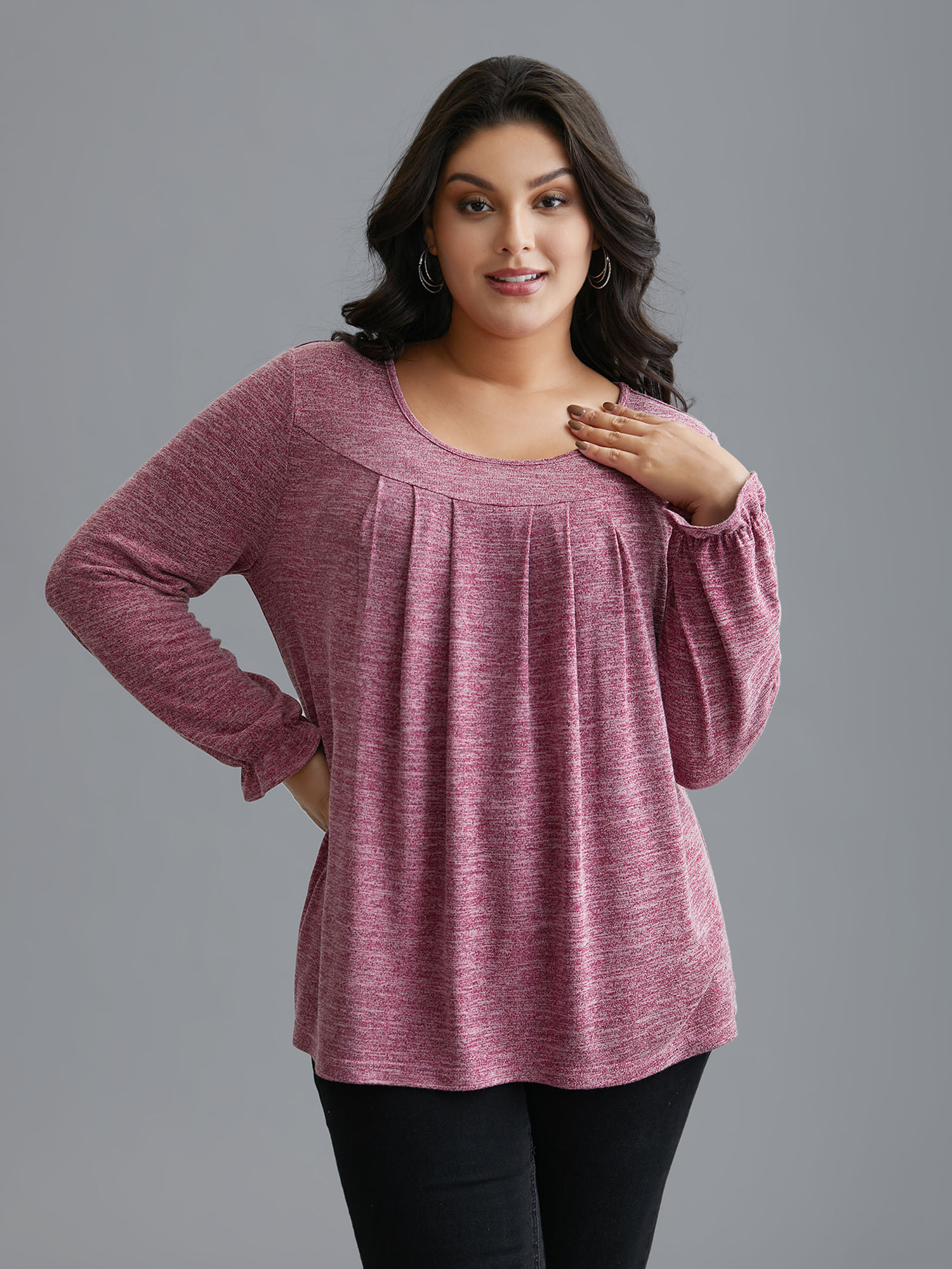 

Plus Size Round Neck Heather Pleated T-shirt Rosered Women Elegant Pleated Round Neck Loose Everyday T-shirts BloomChic