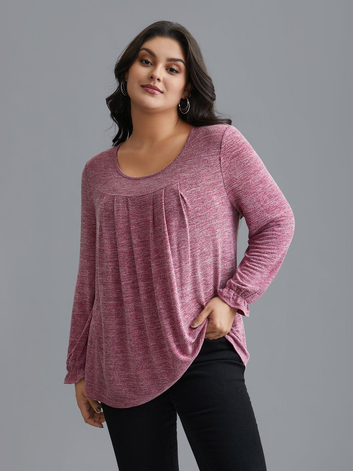 

Plus Size Round Neck Heather Pleated T-shirt Rosered Women Elegant Pleated Round Neck Loose Everyday T-shirts BloomChic