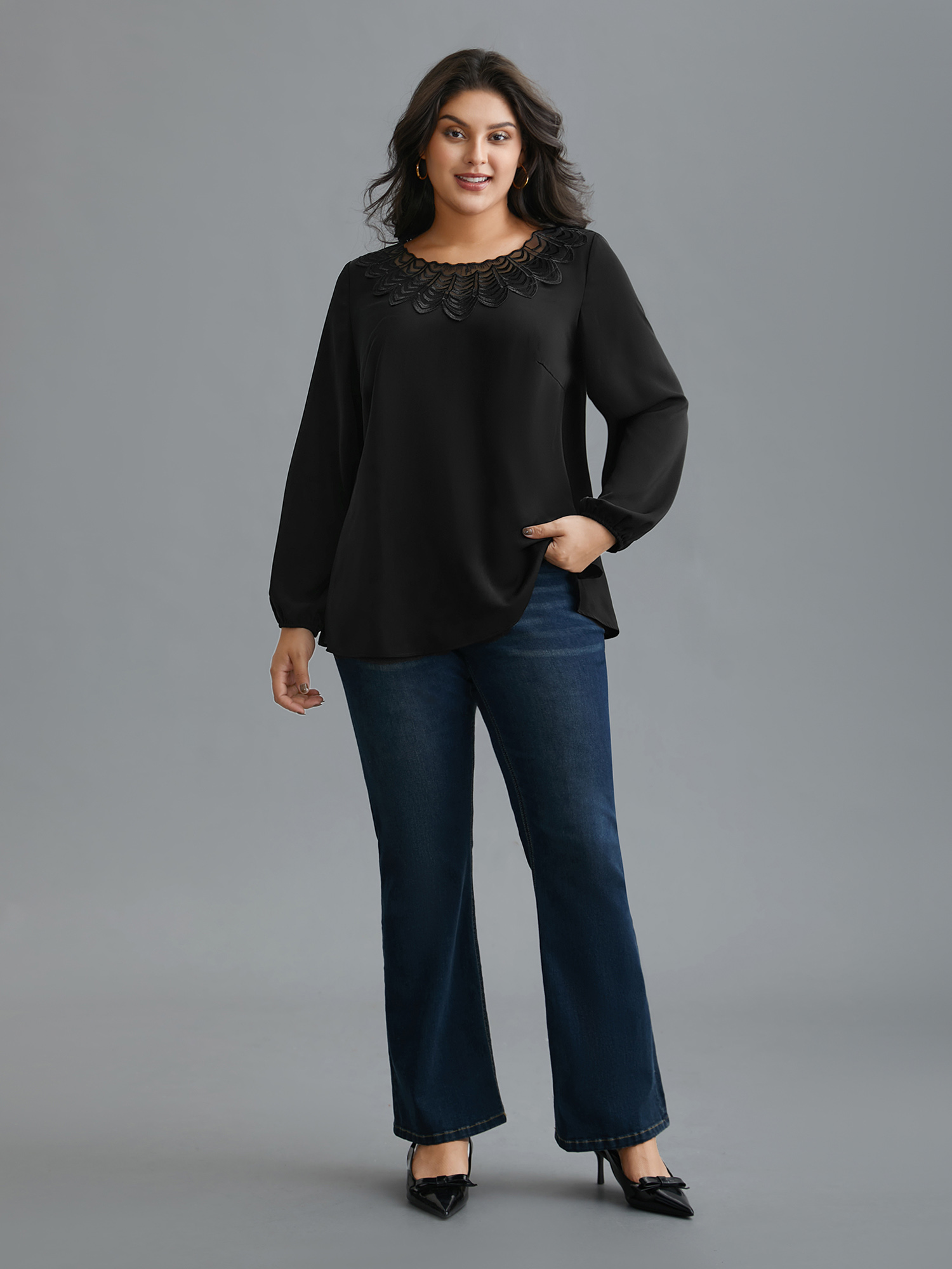Plus Size Black Lace Trim Sheer Neckline Blouse Women Elegant Long Sleeve Round Neck Everyday Blouses BloomChic 18-20/2X 