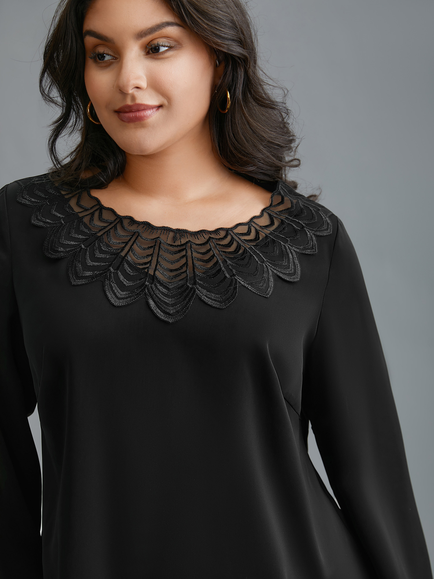 Plus Size Black Lace Trim Sheer Neckline Blouse Women Elegant Long Sleeve Round Neck Everyday Blouses BloomChic 18-20/2X 