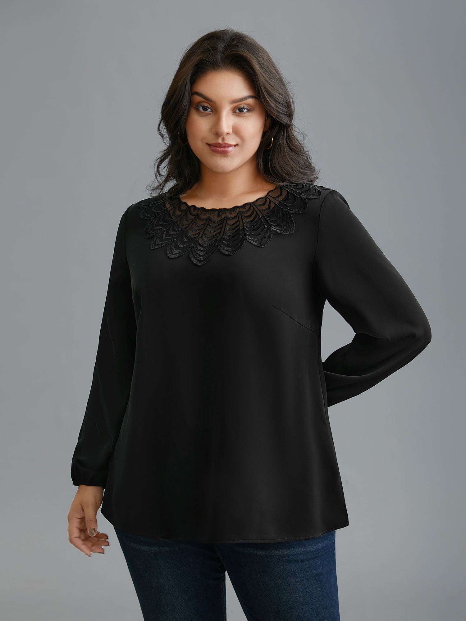 Plus Size Black Lace Trim Sheer Neckline Blouse Women Elegant Long Sleeve Round Neck Everyday Blouses BloomChic 18-20/2X 
