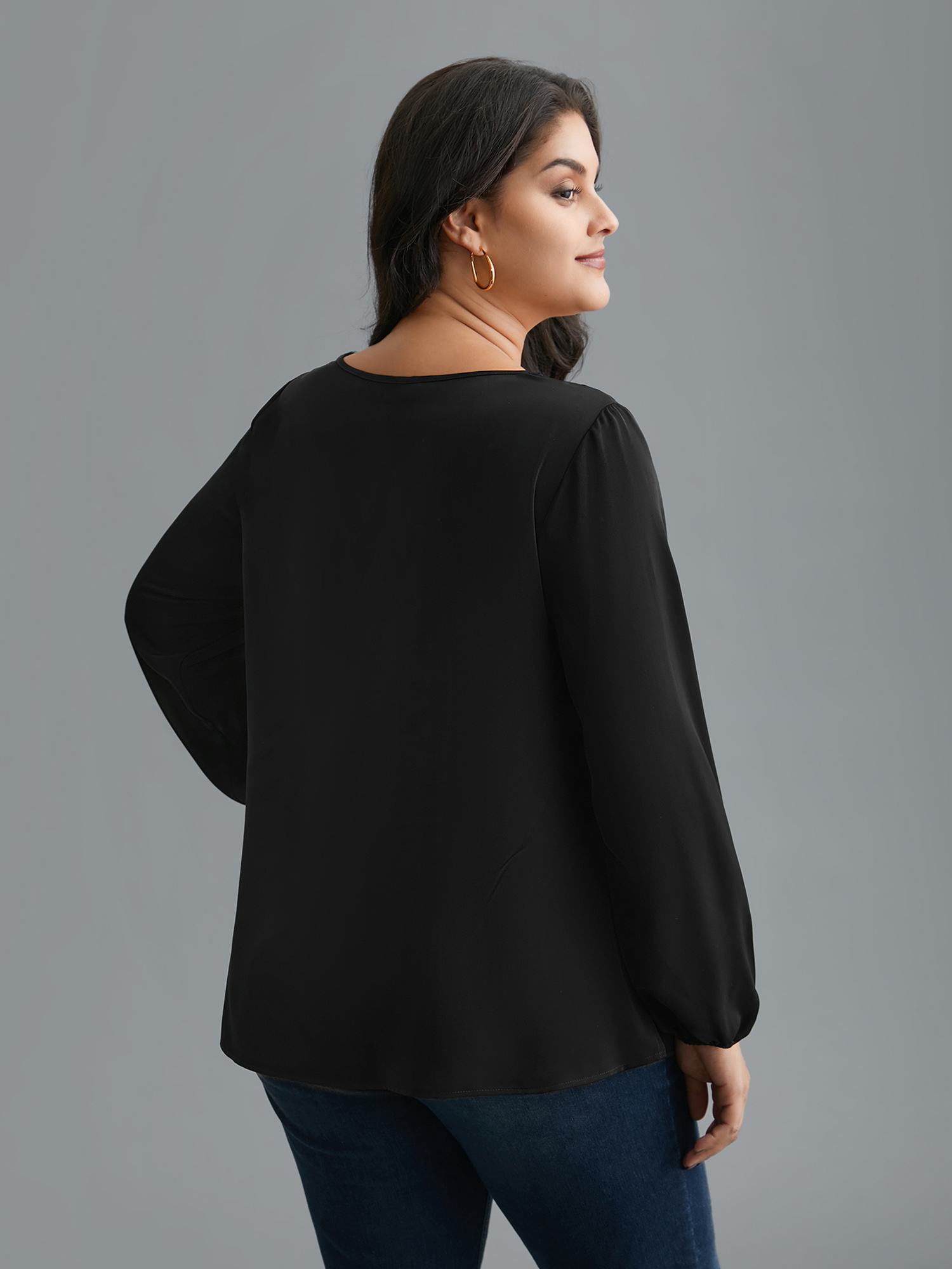 Plus Size Black Lace Trim Sheer Neckline Blouse Women Elegant Long Sleeve Round Neck Everyday Blouses BloomChic 18-20/2X 