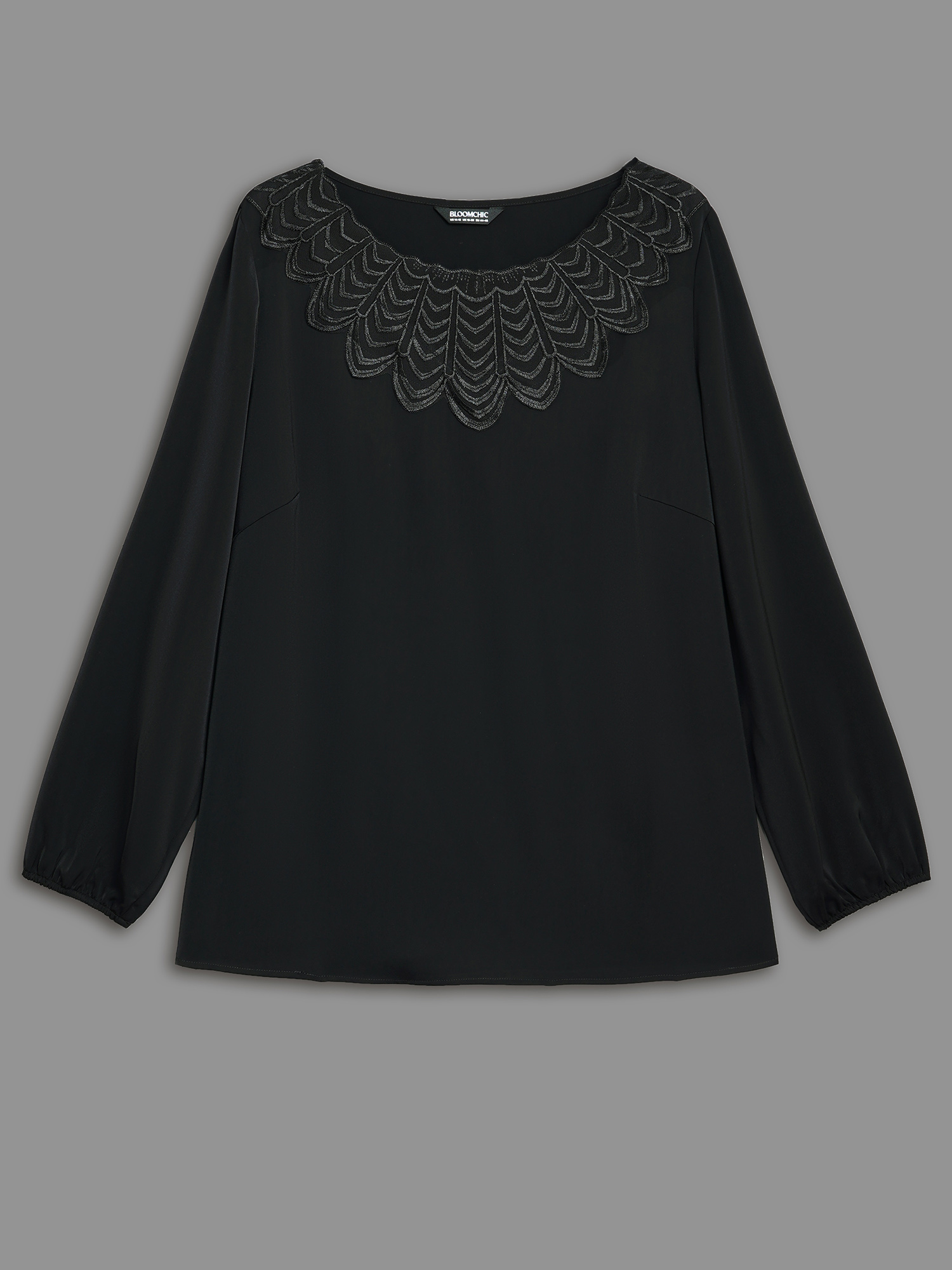 Plus Size Black Lace Trim Sheer Neckline Blouse Women Elegant Long Sleeve Round Neck Everyday Blouses BloomChic 18-20/2X 